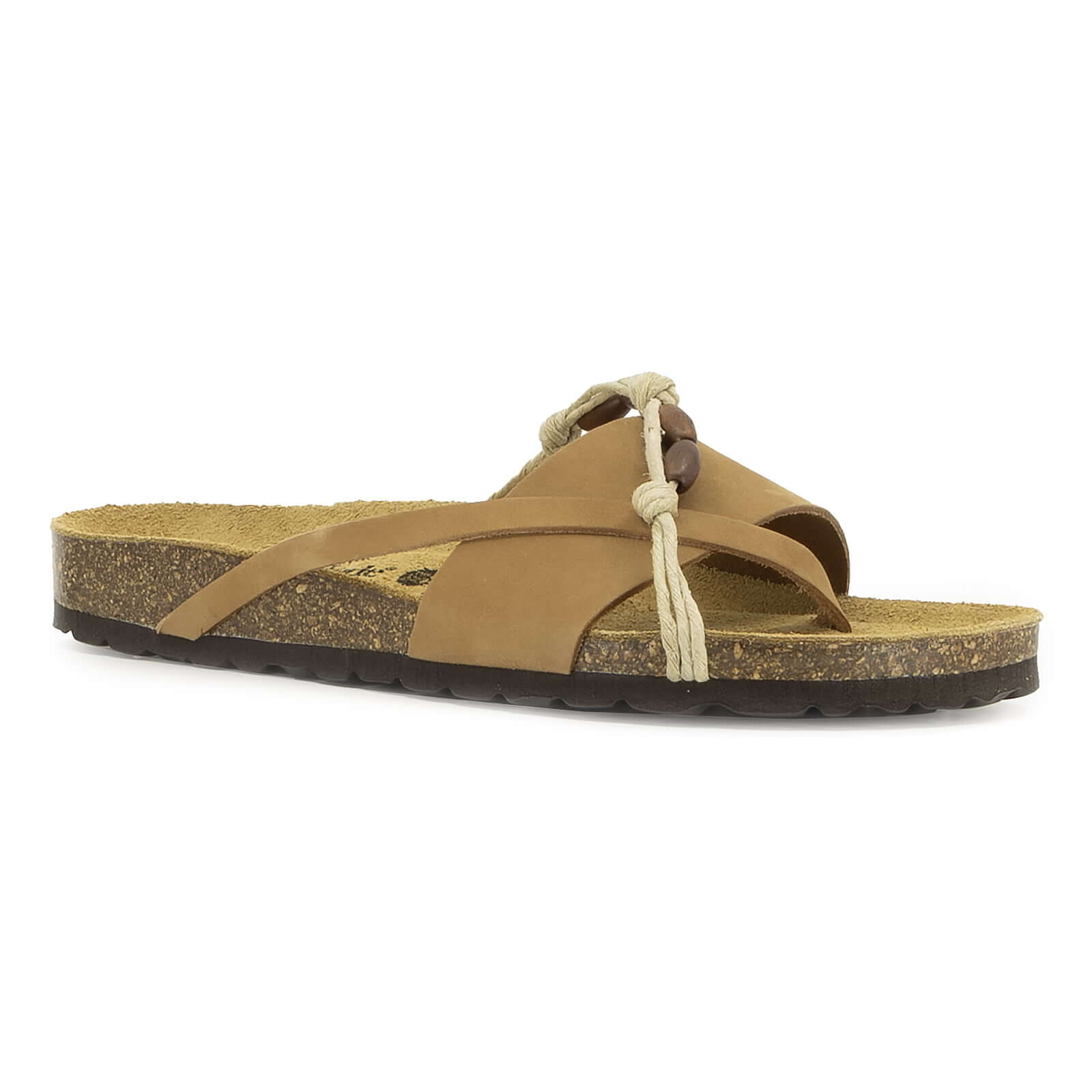 angled front view of tan oak & hyde ebony sandals showing braided thong strap and open toe design