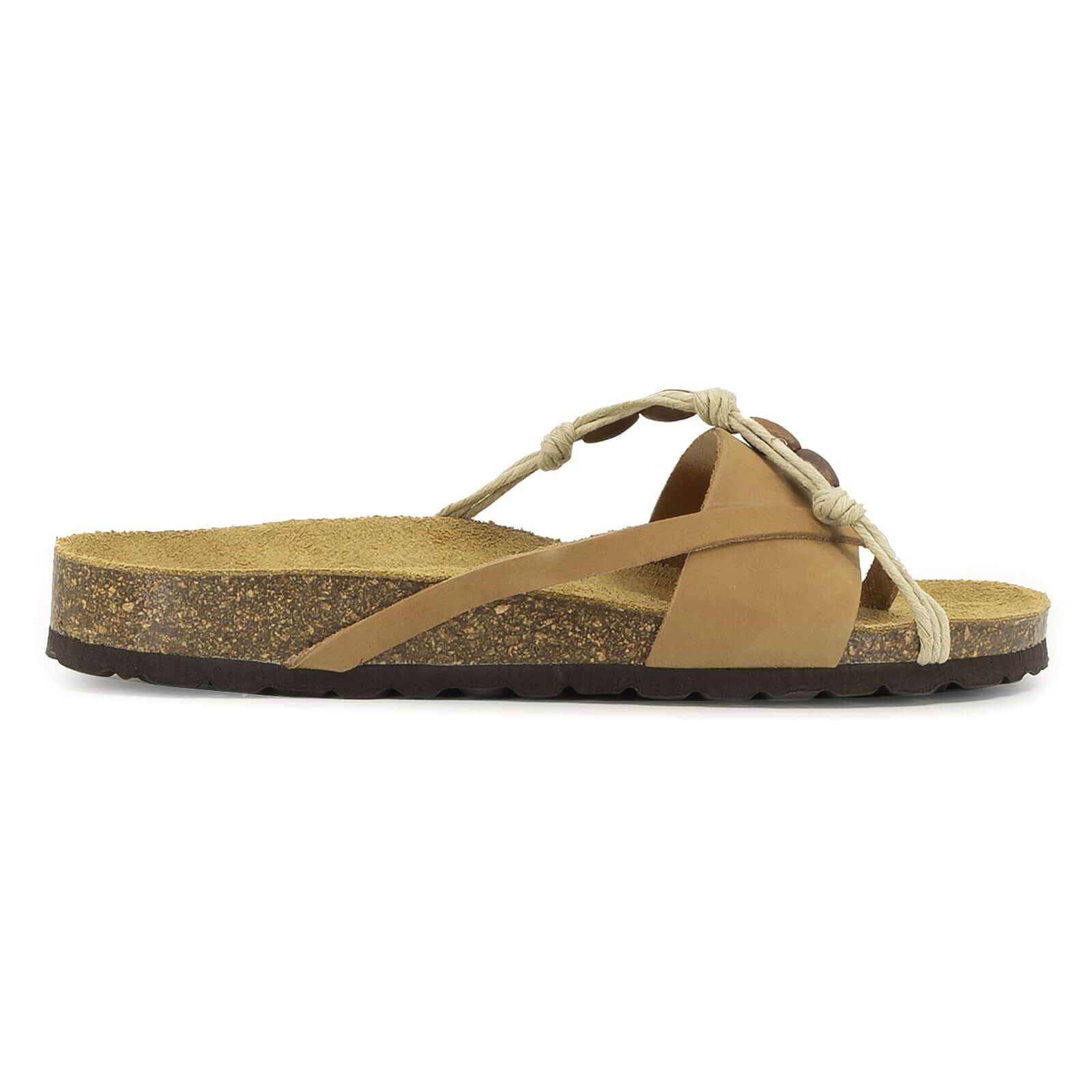 side profile of tan oak & hyde ebony sandals with braided toe post strap and cork footbed