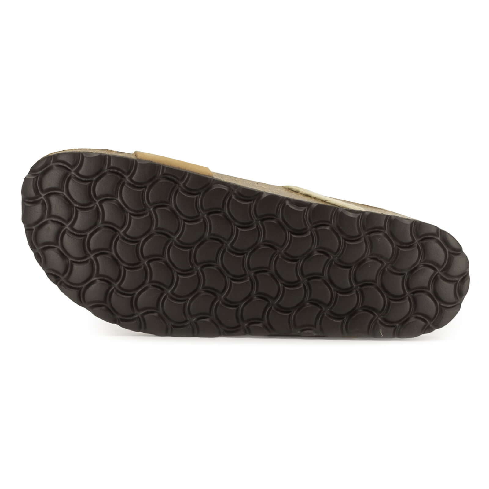 outsole of tan oak & hyde ebony sandals showing textured tread pattern