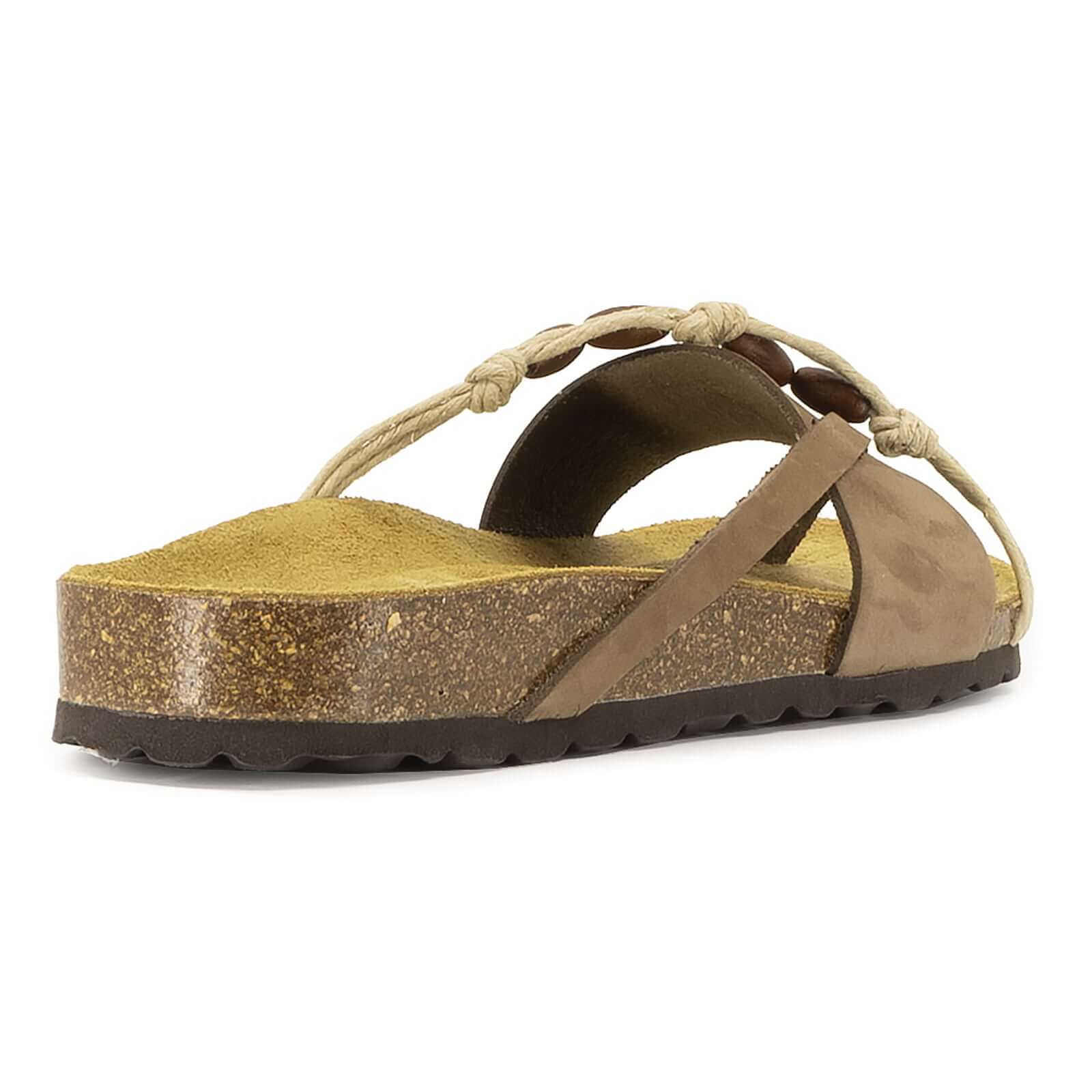 rear angle view of toffee oak & hyde ebony sandals showing heel edge and cork sole