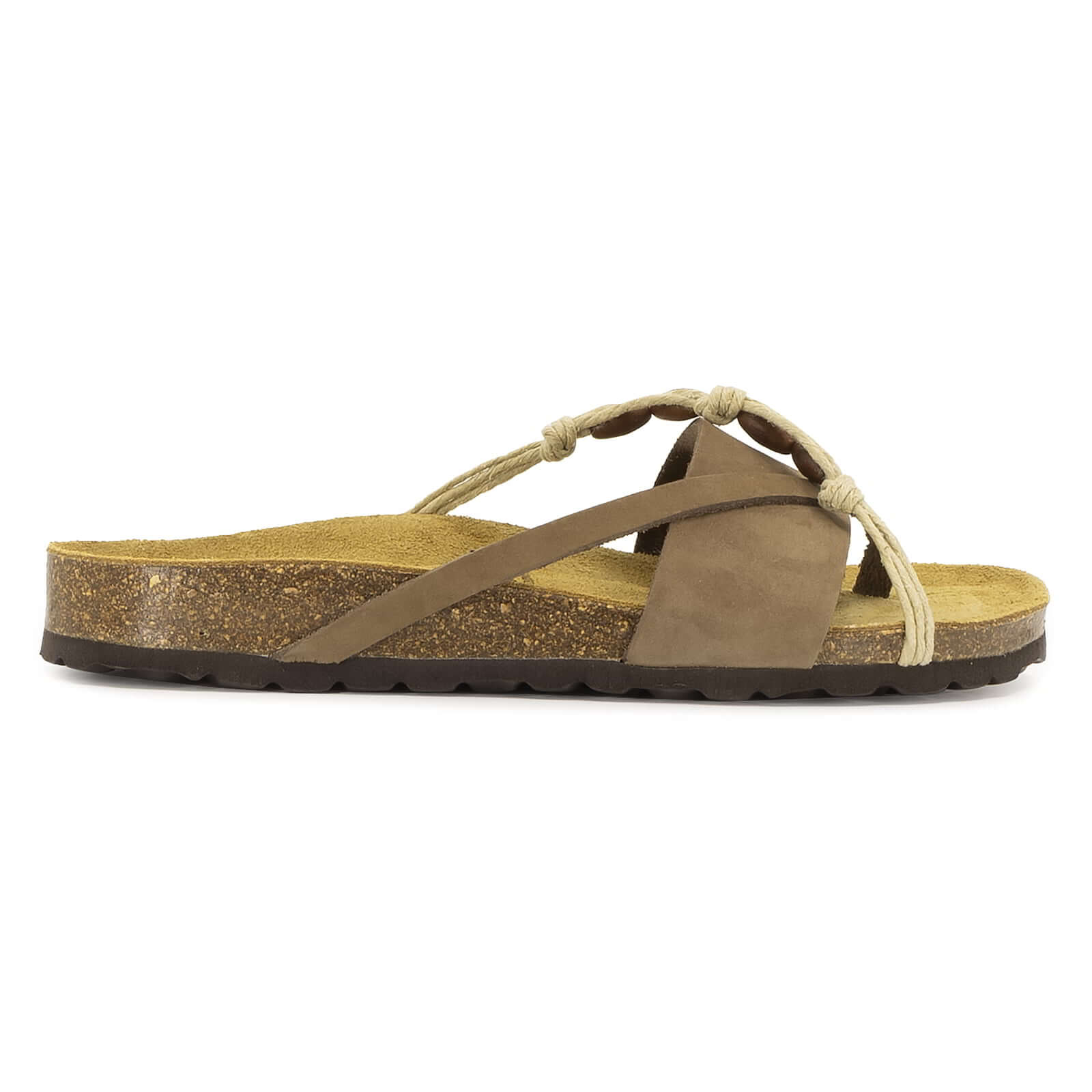 side profile of toffee oak & hyde ebony sandals with braided toe post strap and cork footbed