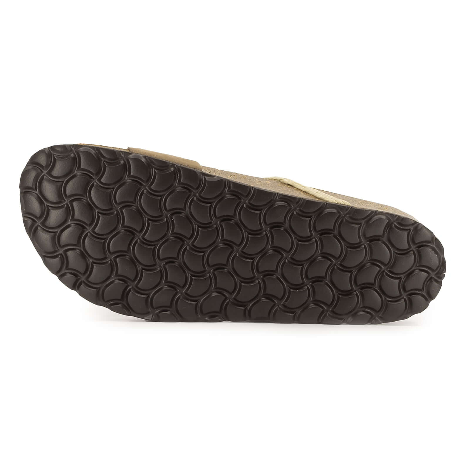 outsole of toffee oak & hyde ebony sandals showing textured tread pattern