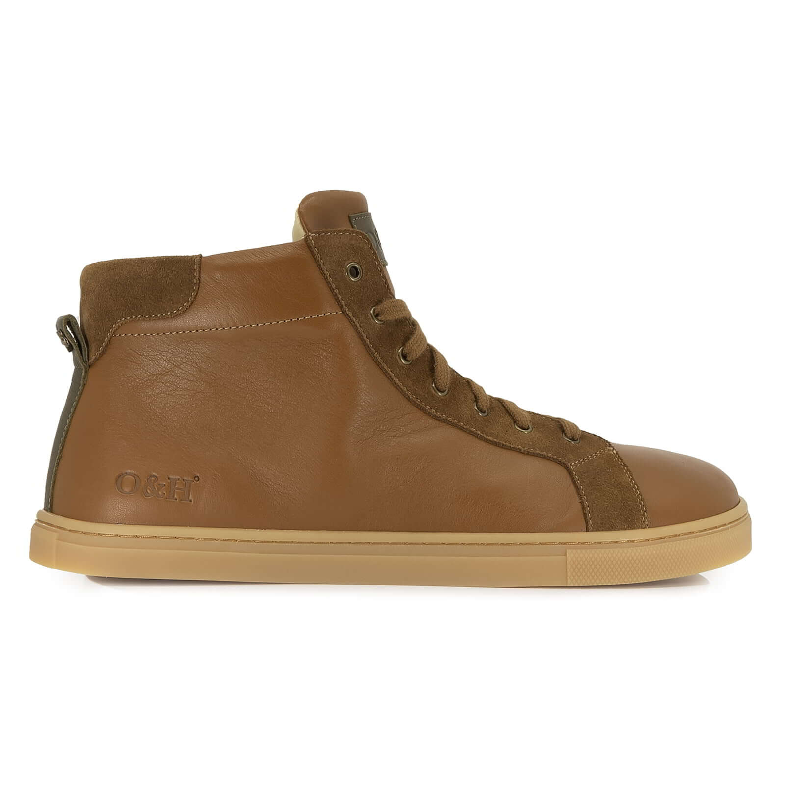 side profile of tan oak & hyde elm barefoot boots with lace up fastening and zero drop sole