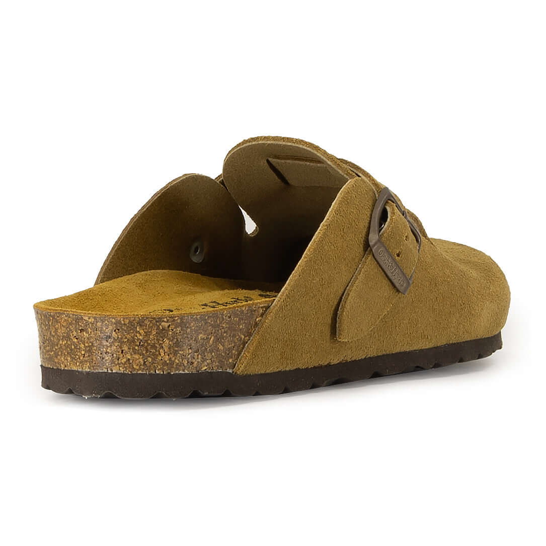 rear view of gibraltar clogs in tan showing suede covered footbed and slip on design