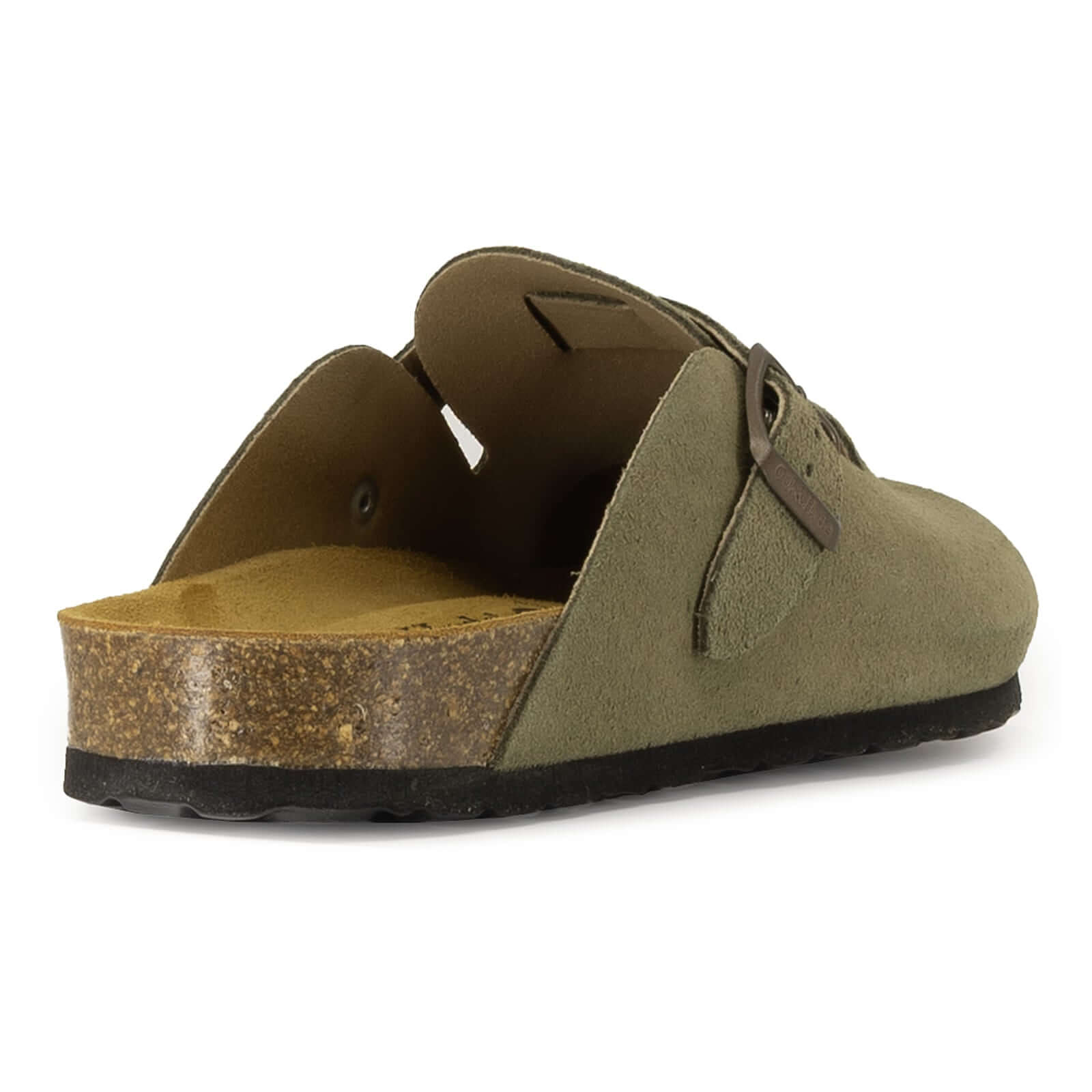 rear view of green leather clogs showing foot entry and cork midsole