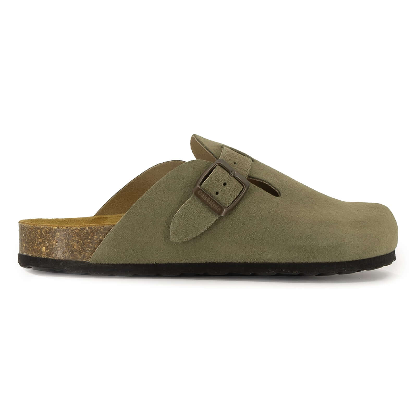 side profile of womens green leather clogs showing suede upper and buckle