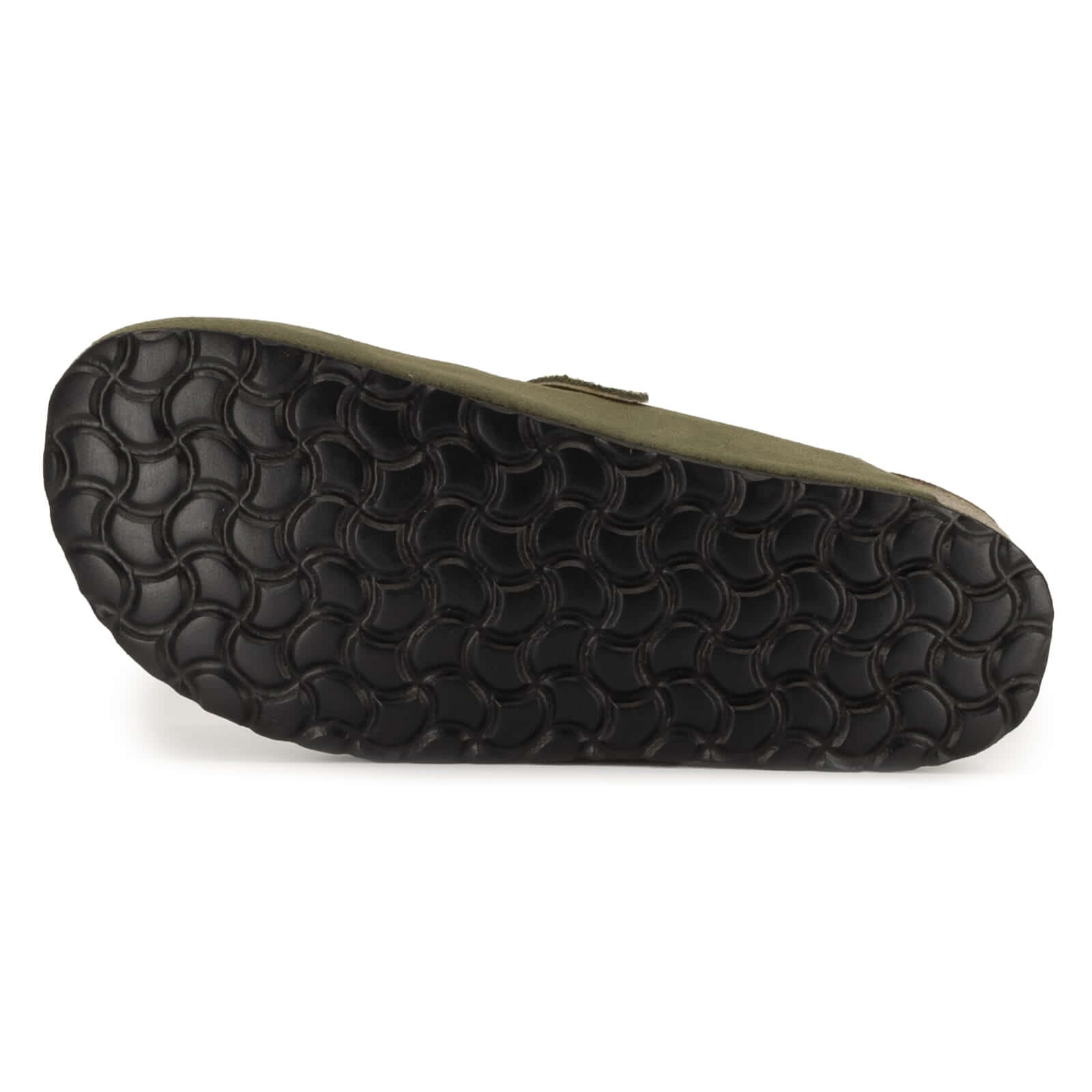 view of outsole of womens green leather clogs showing tread pattern
