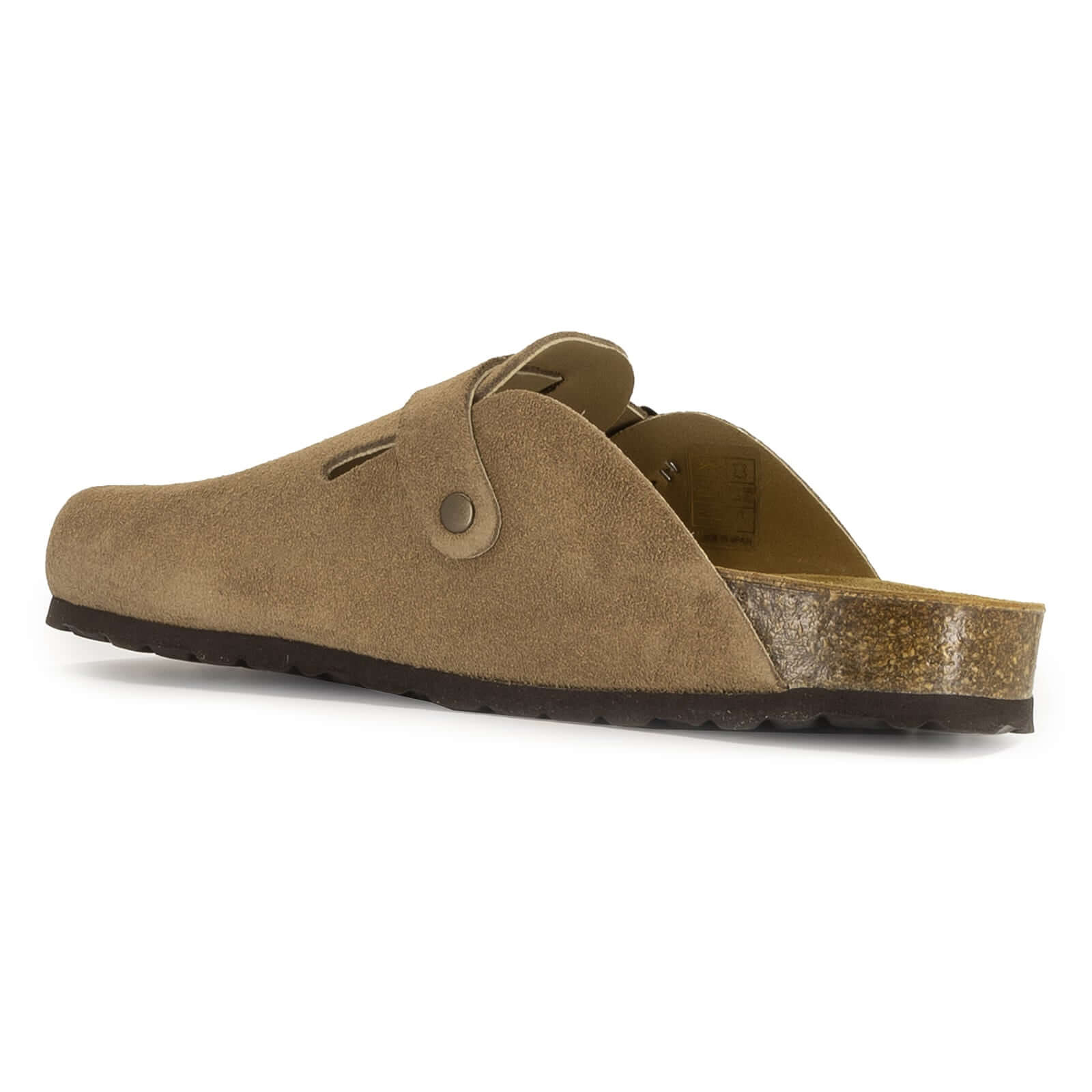 inside view of light brown gibraltar clogs showing cork footbed