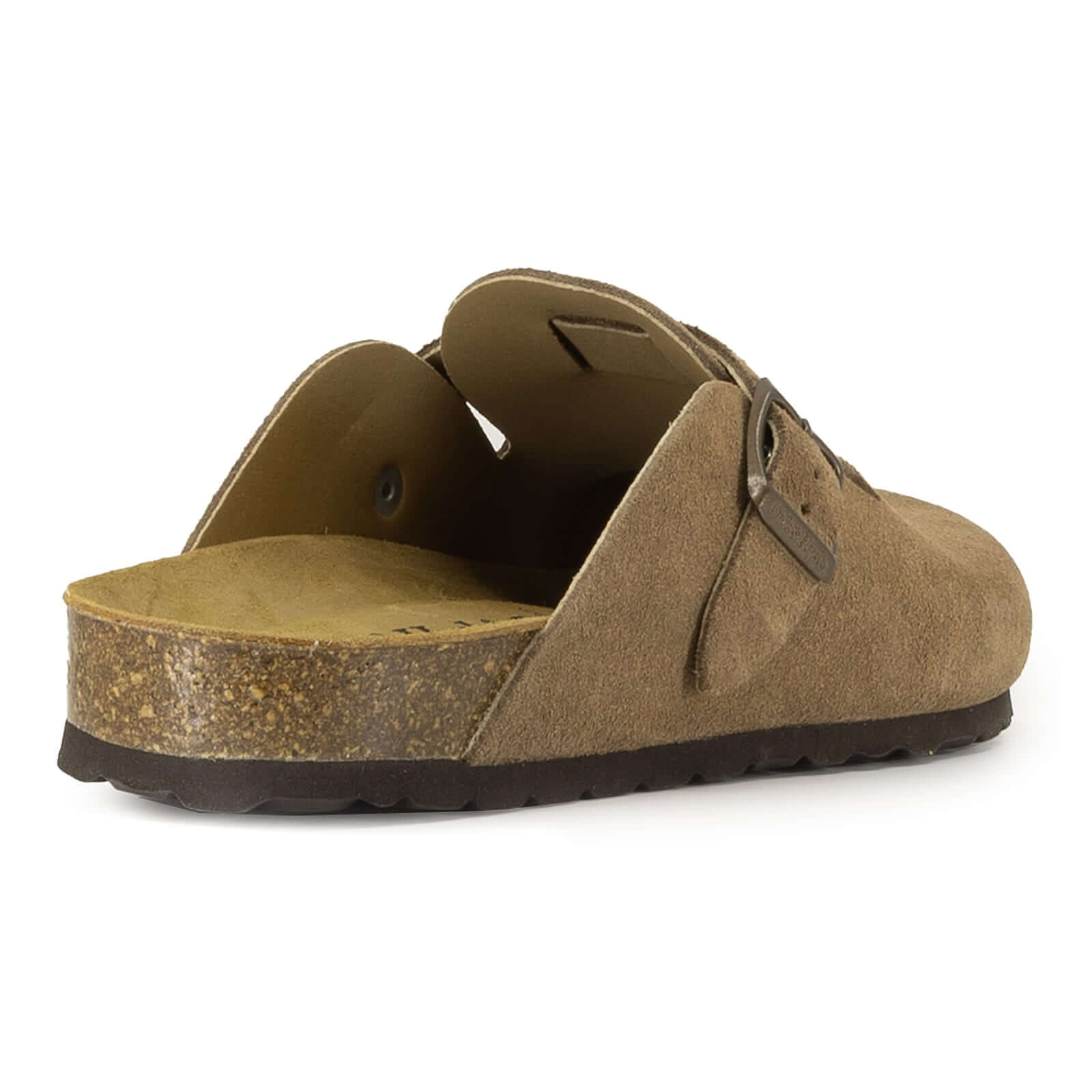 rear view of light brown gibraltar clogs showing suede leather insole and upper