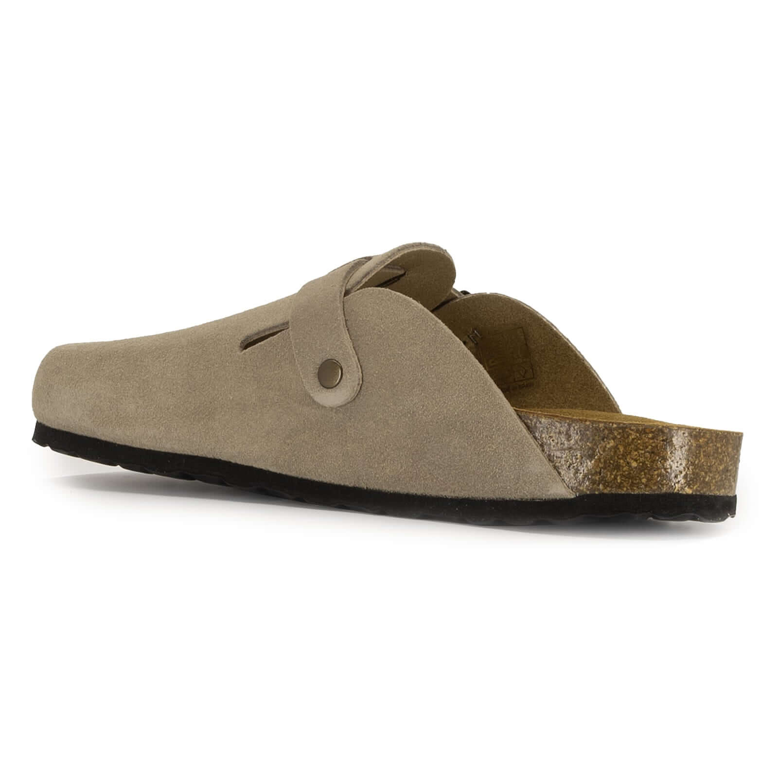 inside view of gibraltar 2 leather clogs in beige showing cork footbed