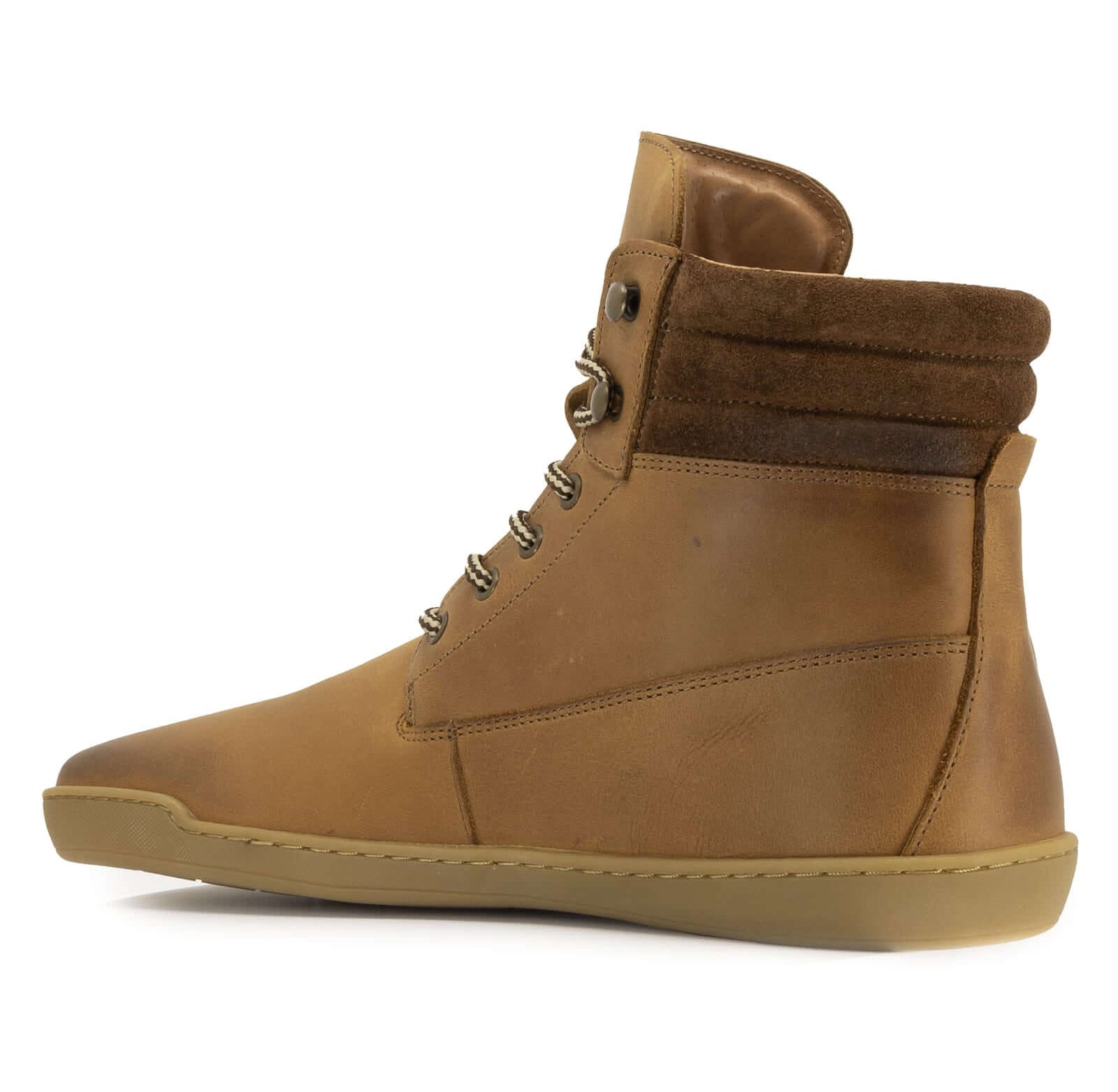 rear view of tan barefoot ankle boots showing padded collar and leather upper