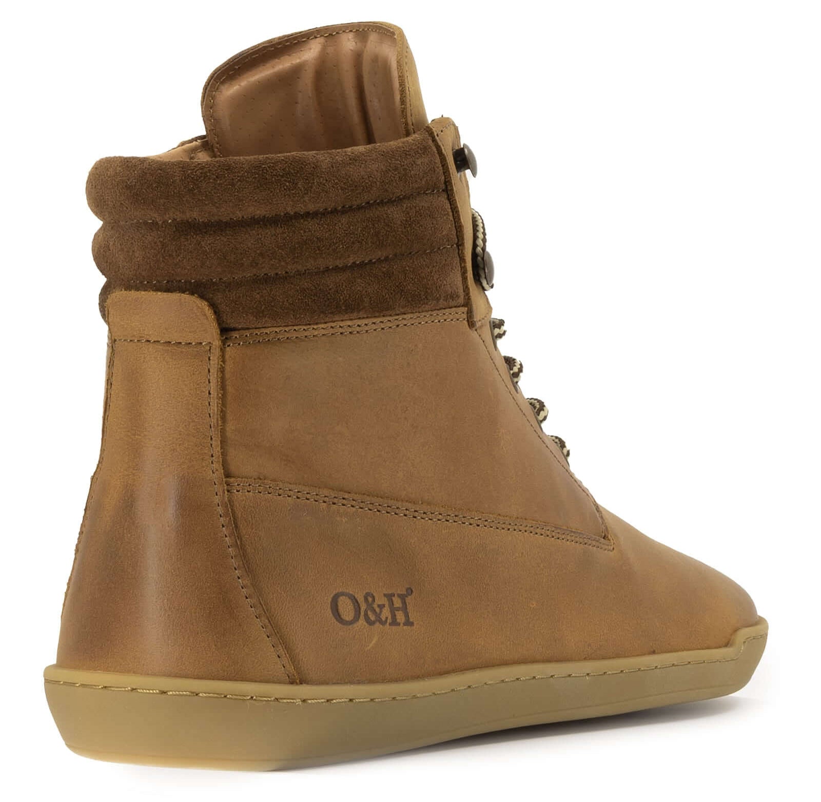 rear heel view of tan barefoot boots showing O&H embossed logo on white background