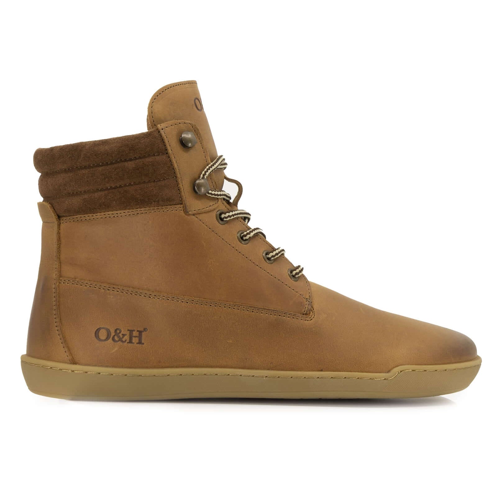 side profile of tan barefoot ankle boots showing O&H logo on white background