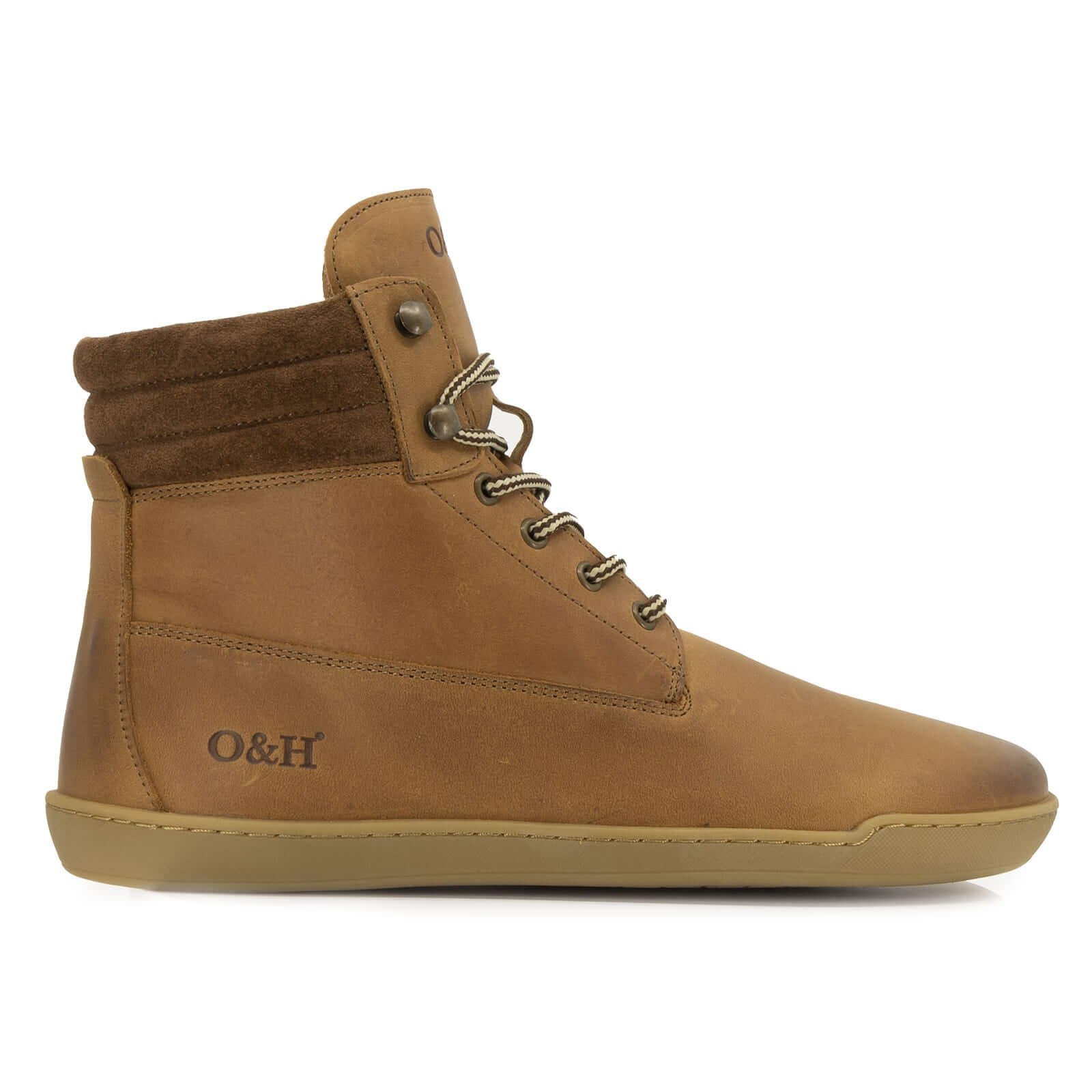 side profile of tan barefoot ankle boots showing O&H logo on white background