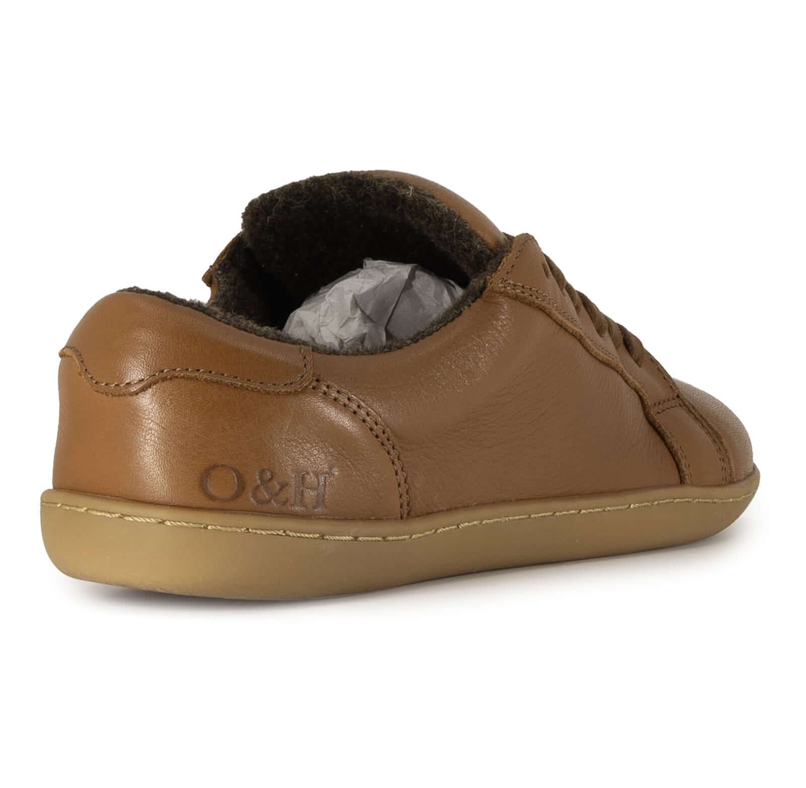 brown barefoot trainers showing O&H logo on white background