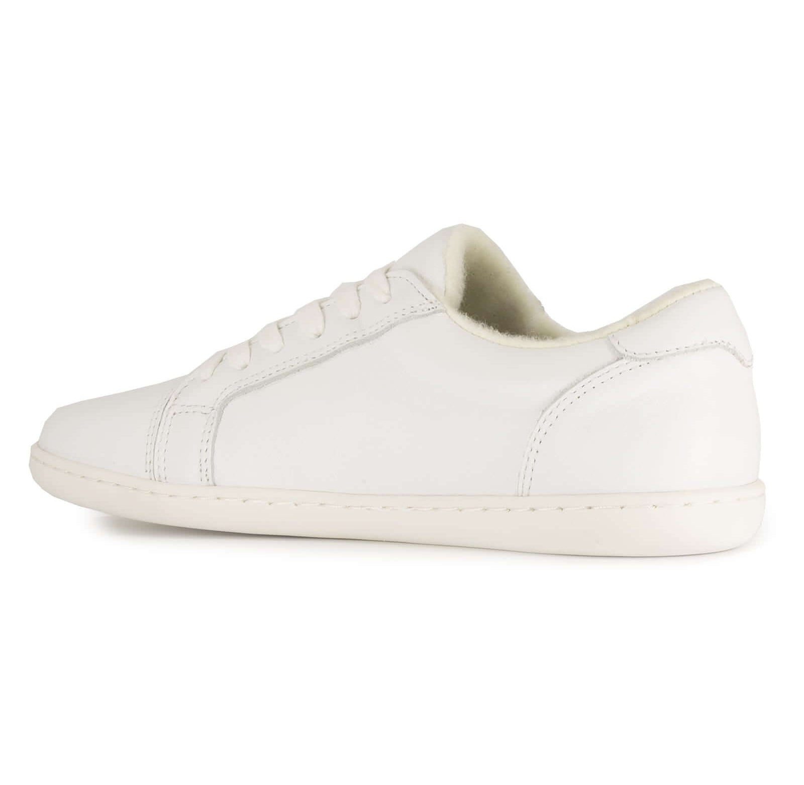 white barefoot trainers showing stitch panels and leather upper on white background