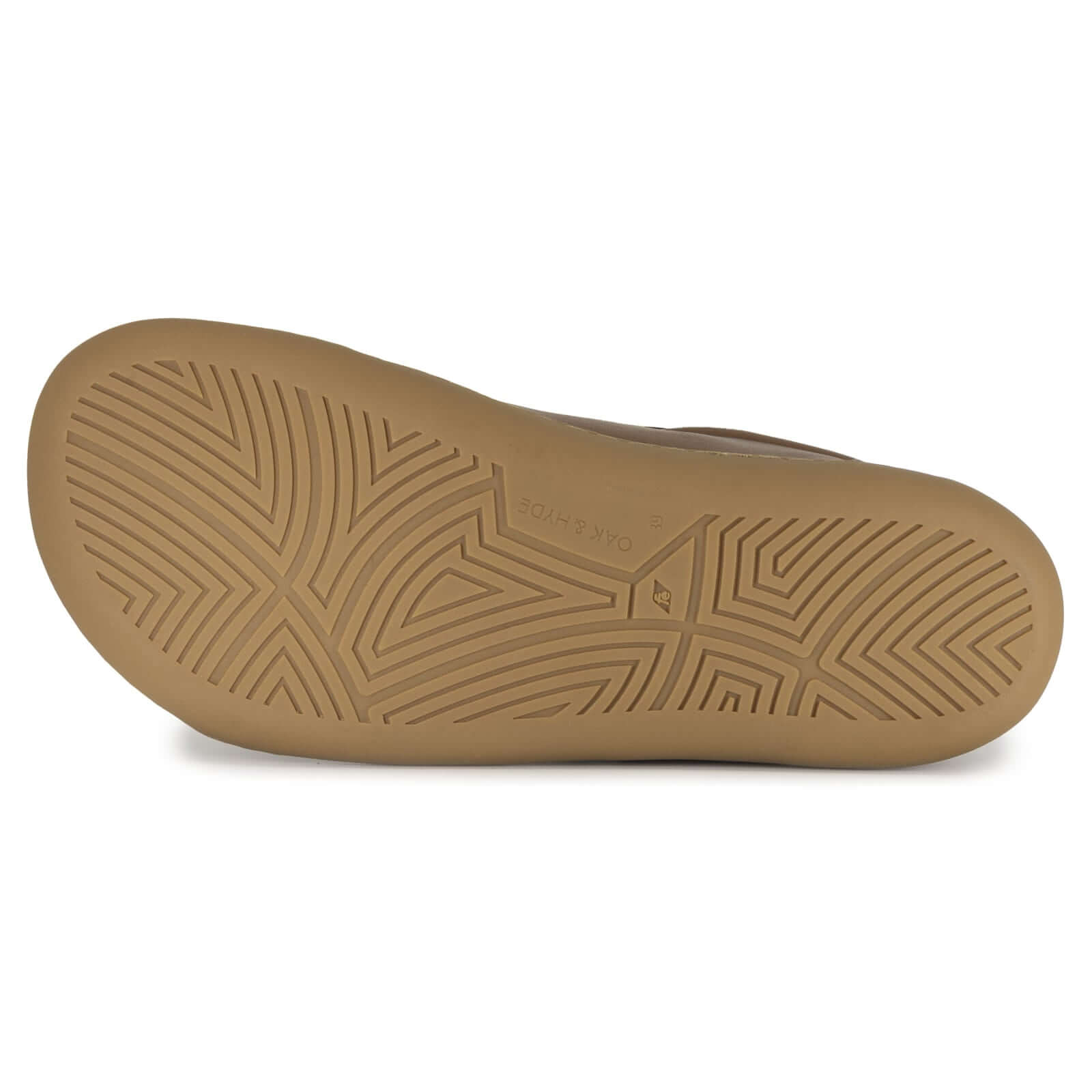 gum outsole of tan barefoot trainers on white background