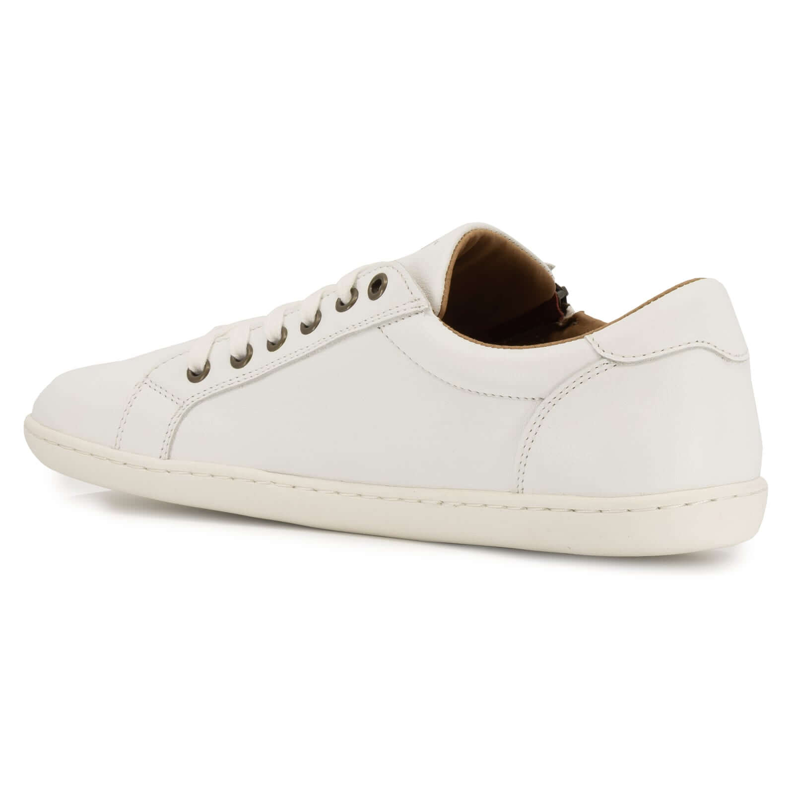 inside angled image of hazel zip barefoot trainers in white showing leather upper