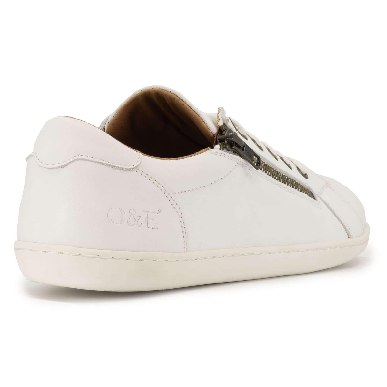 heel view of hazel zip barefoot trainers in white showing O&H branding and zip