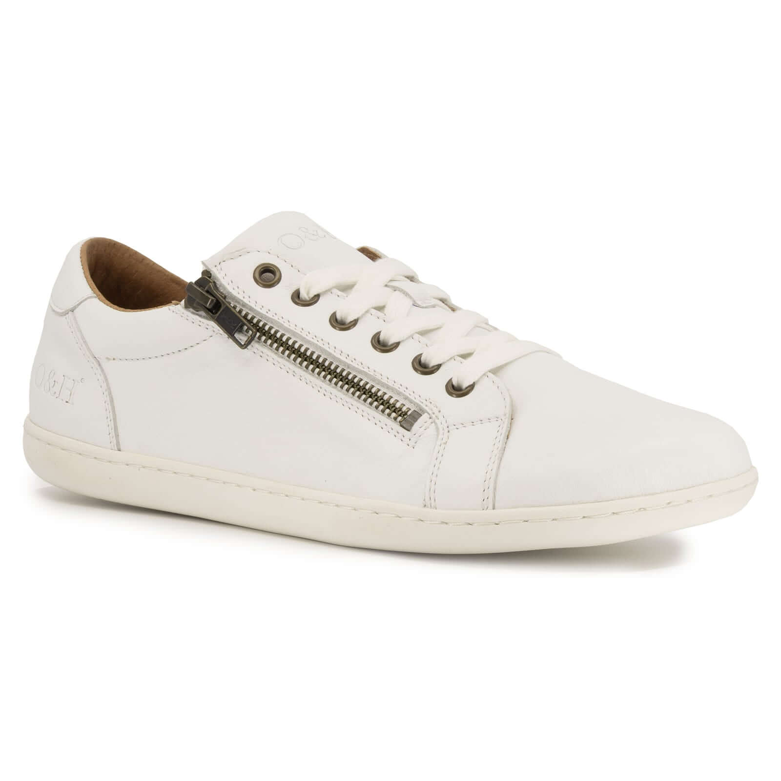 angled image showing front laces and zip on hazel zip barefoot trainers