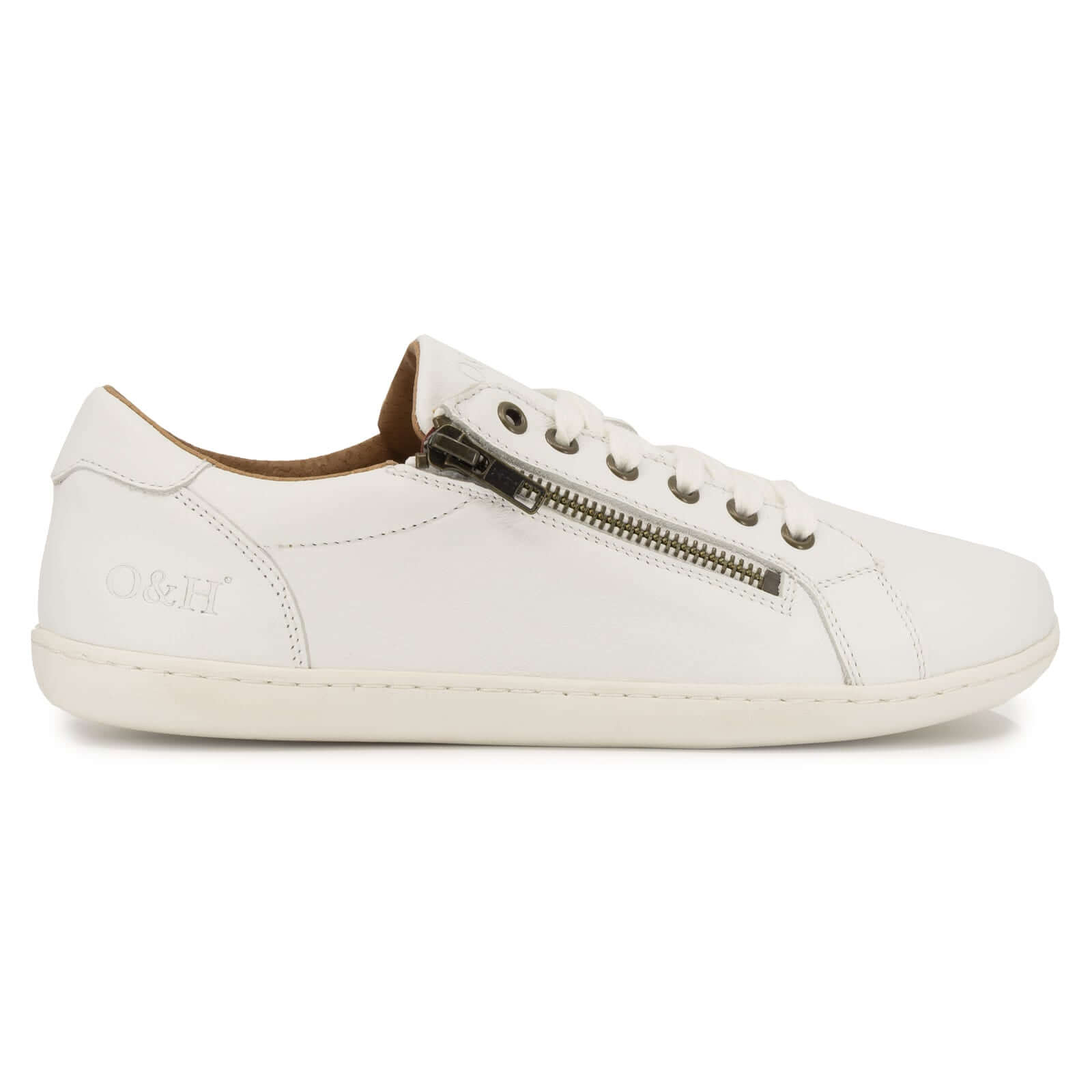 side profile of hazel zip barefoot trainers in white showing outside zip