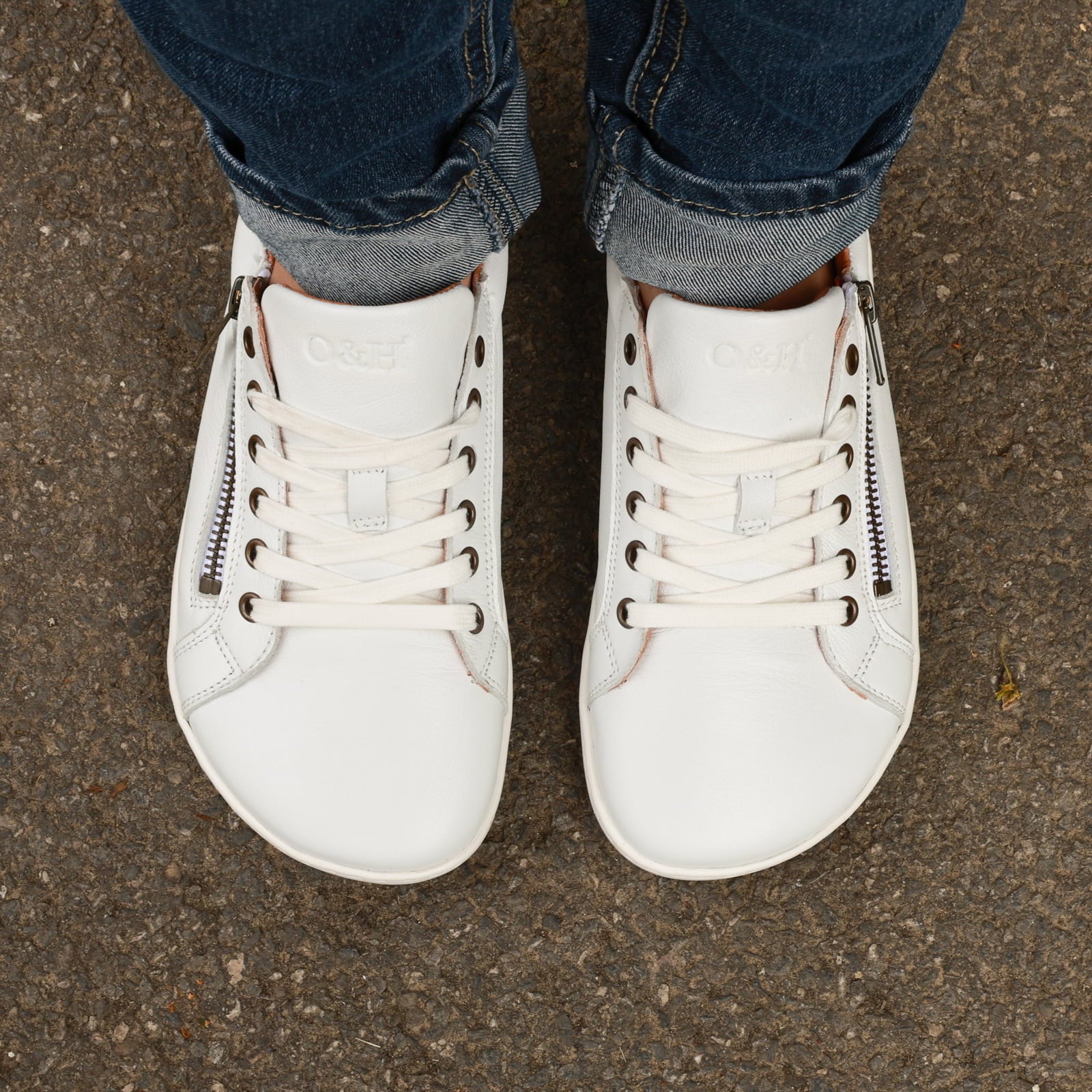 model wearing hazel barefoot trainers showing the toe box shape from a birds eye view