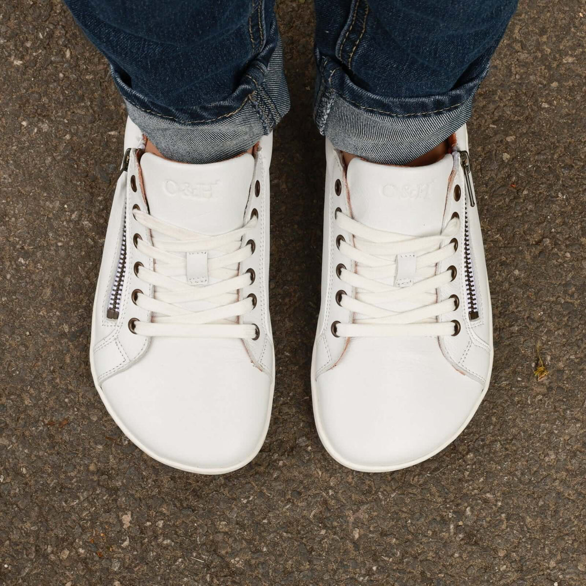 model wearing hazel barefoot trainers showing the toe box shape from a birds eye view