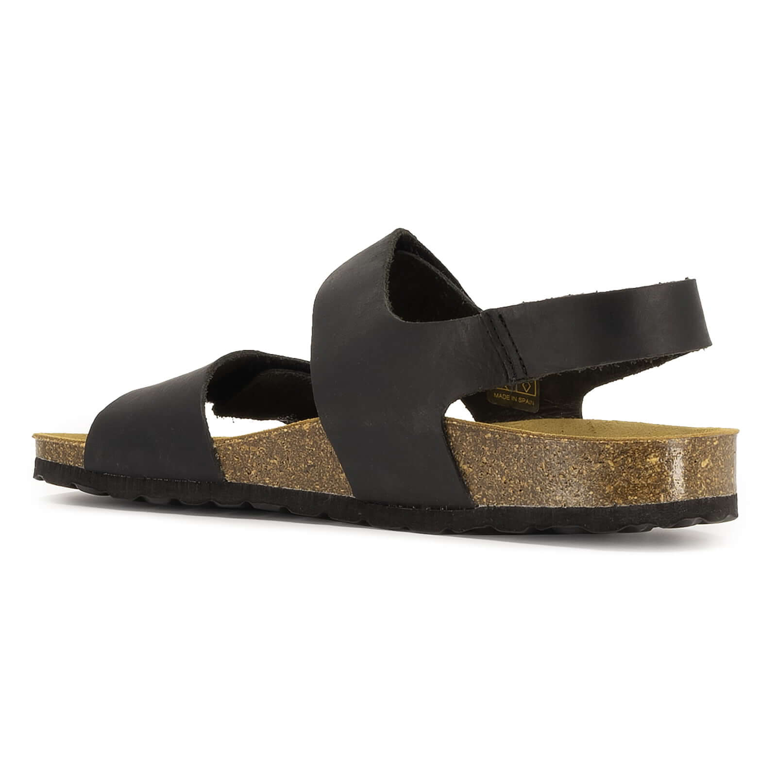side view of black oak & hyde iris adjustable sandals showing heel strap and leather upper