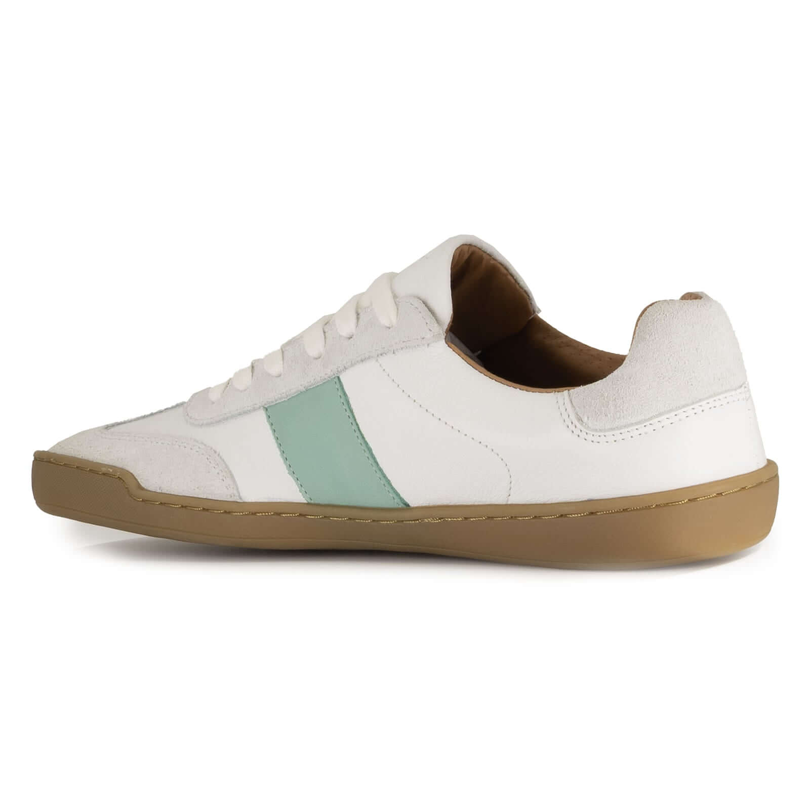 Inside view of white sneaker with a green stripe on a white background