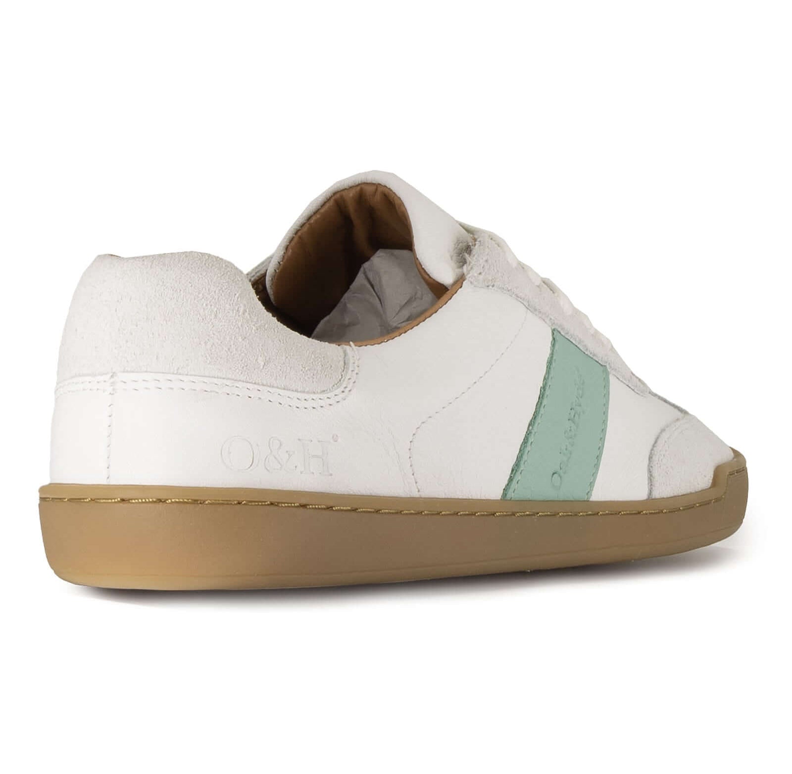 heel view showing O&H logo on white barefoot trainers on white background