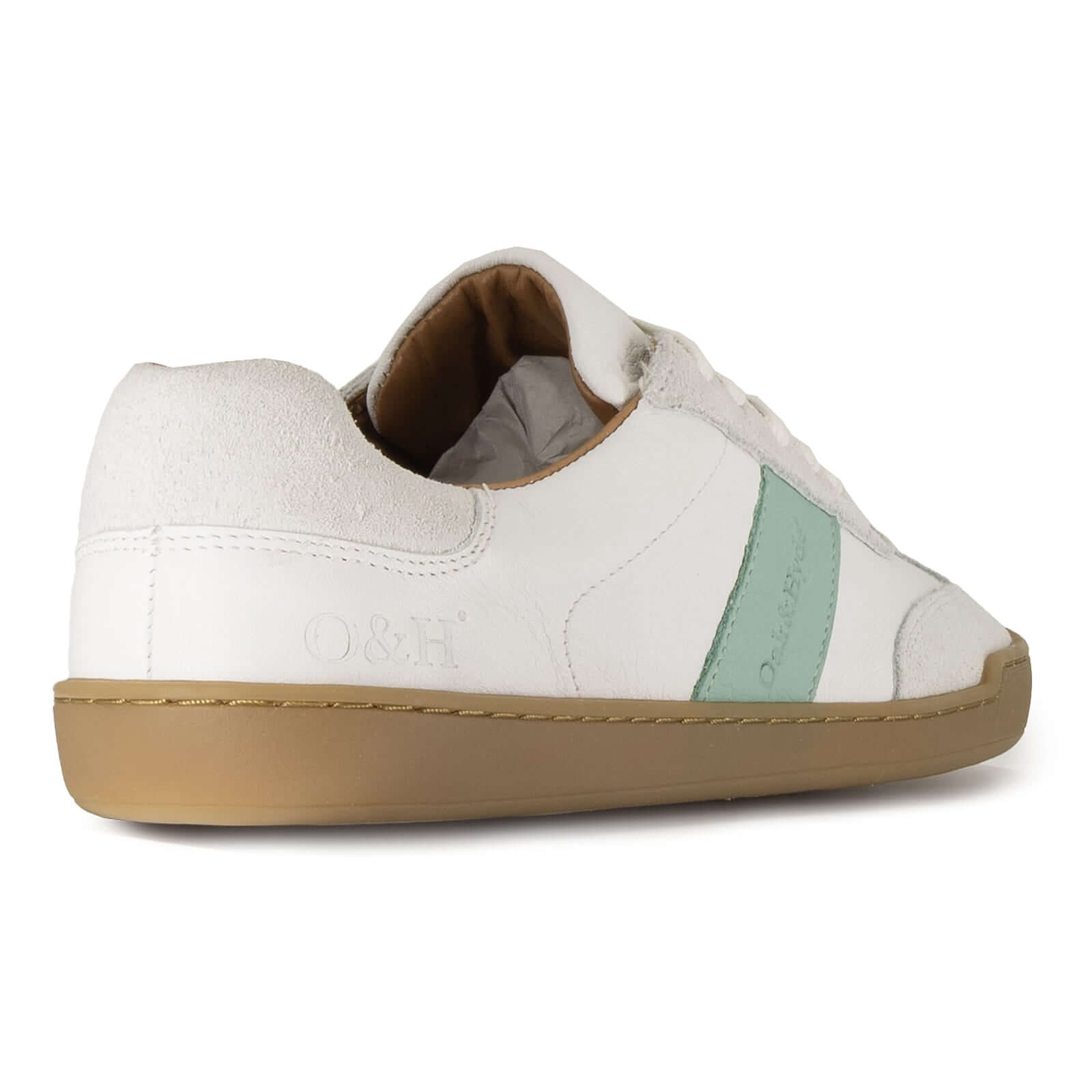 heel view showing O&H logo on white barefoot trainers on white background