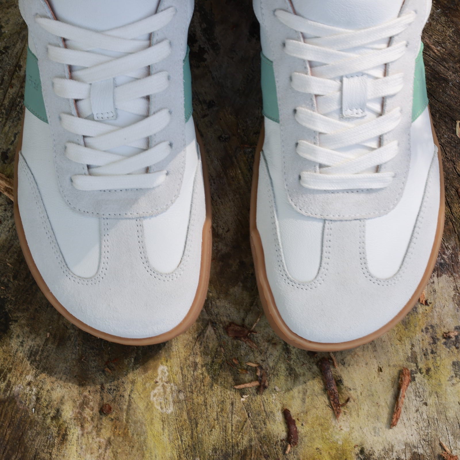 white green juniper barefoot trainers from a birdseye view showing the toe box shape