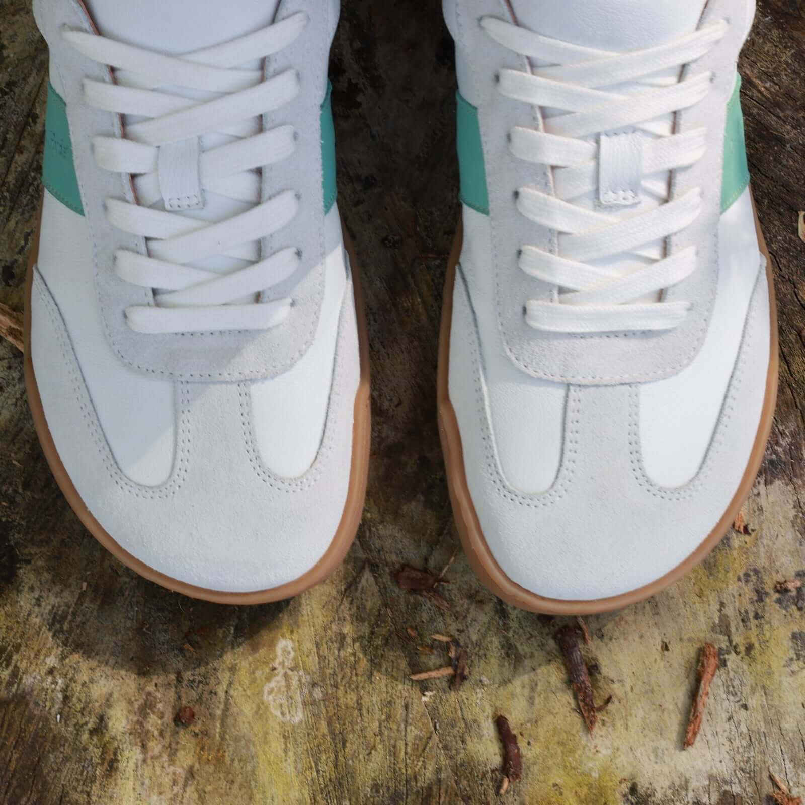 white green juniper barefoot trainers from a birdseye view showing the toe box shape