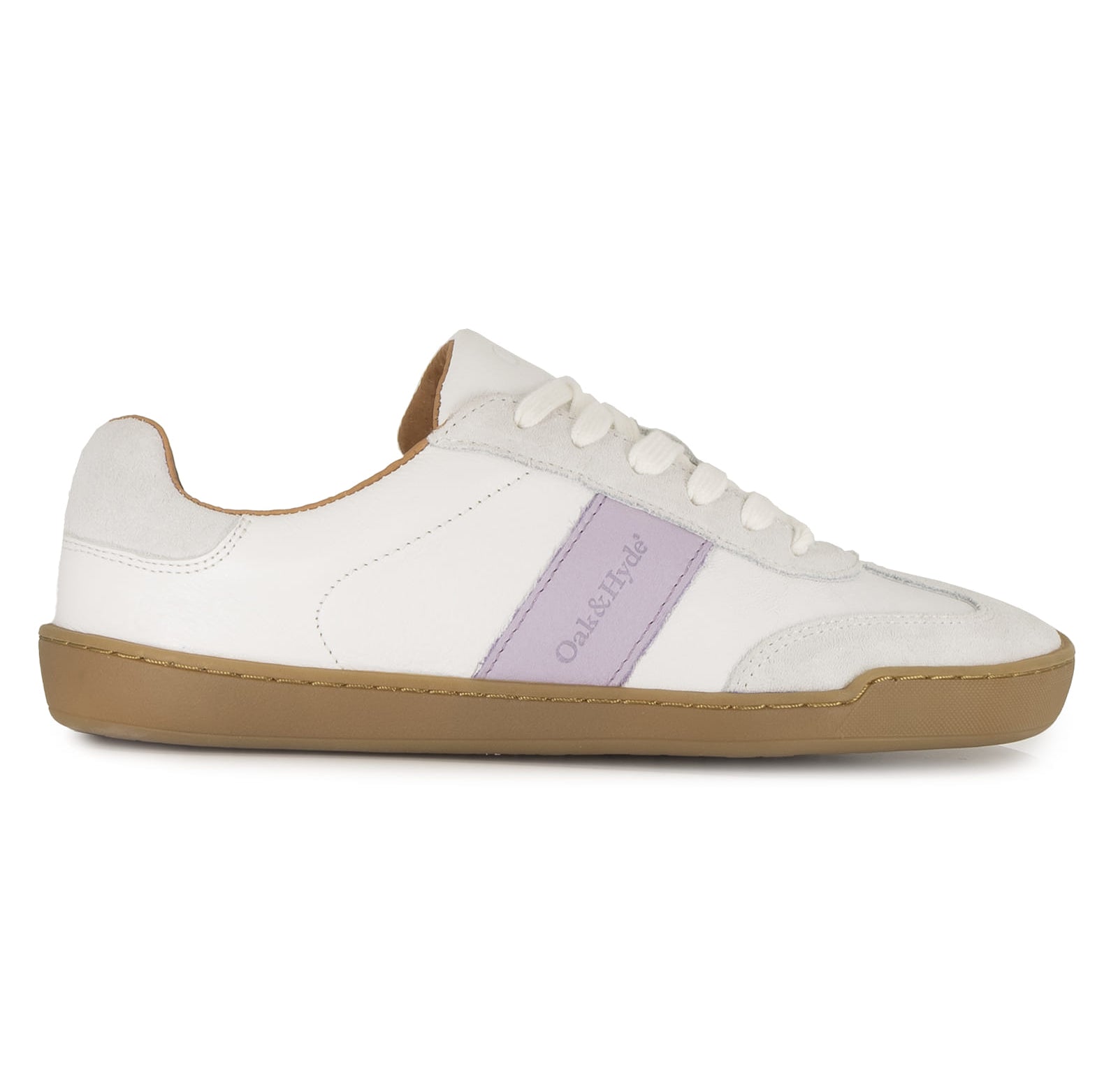 side angle view of white and lilac barefoot trainers on white background