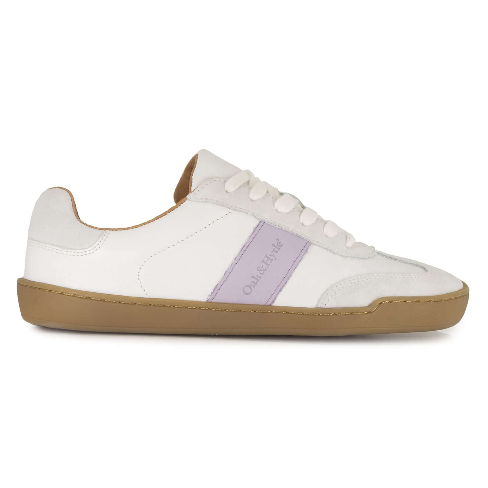 side angle view of white and lilac barefoot trainers on white background
