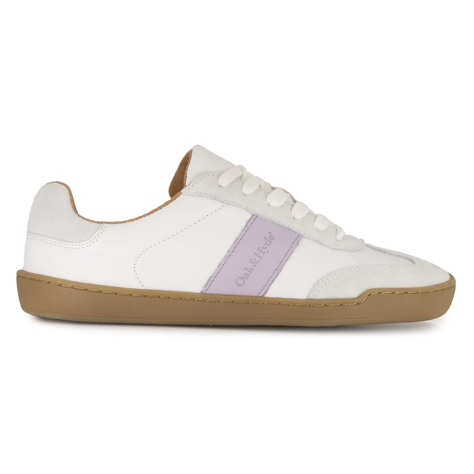 side angle view of white and lilac barefoot trainers on white background