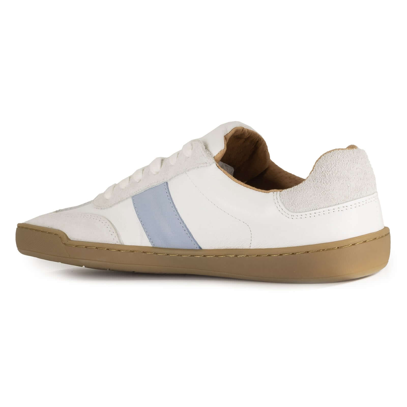 white barefoot trainer inside view with blue leather stripe on white background