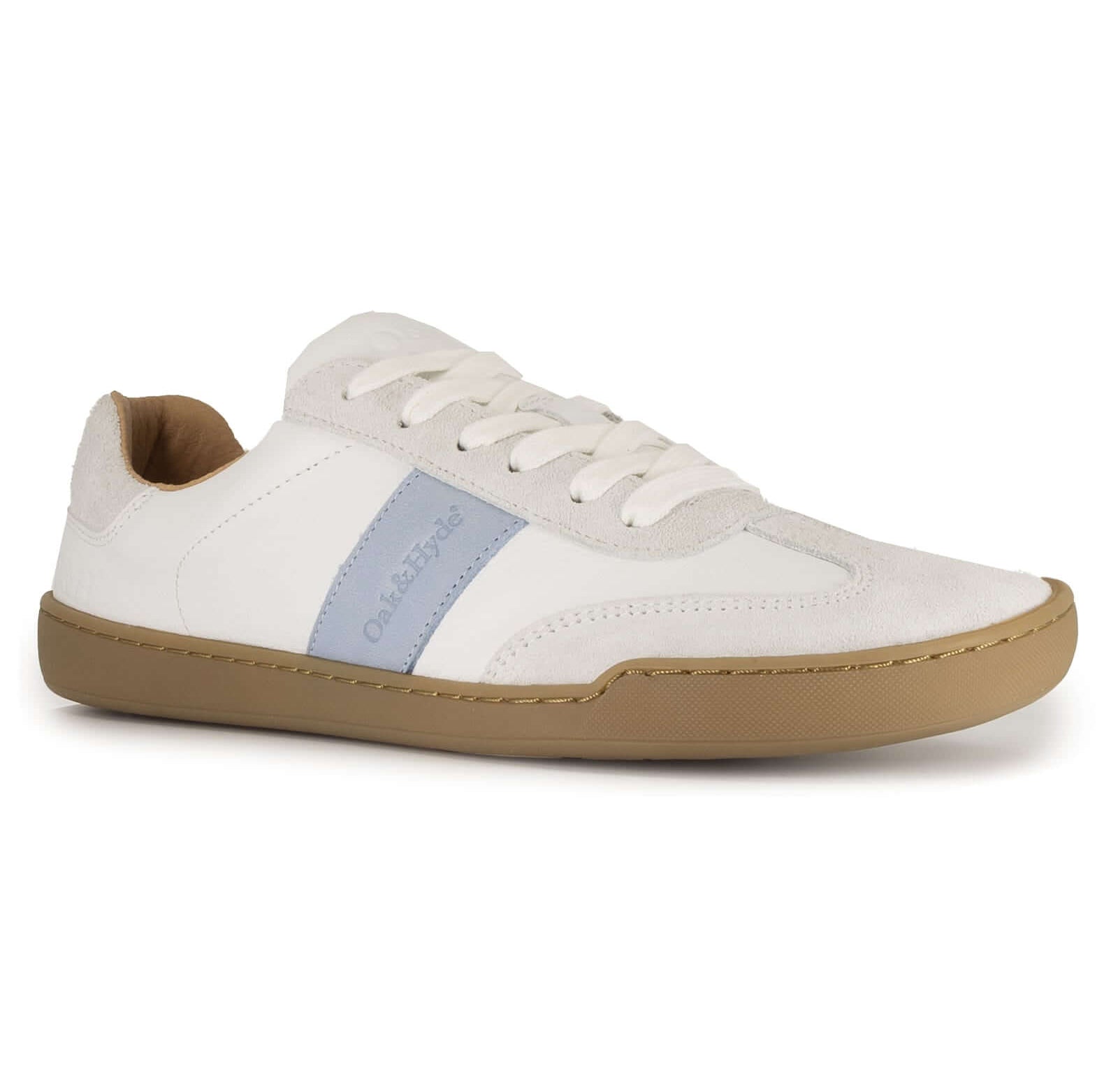 White barefoot trainer with gum sole and blue stripe on side on a white background