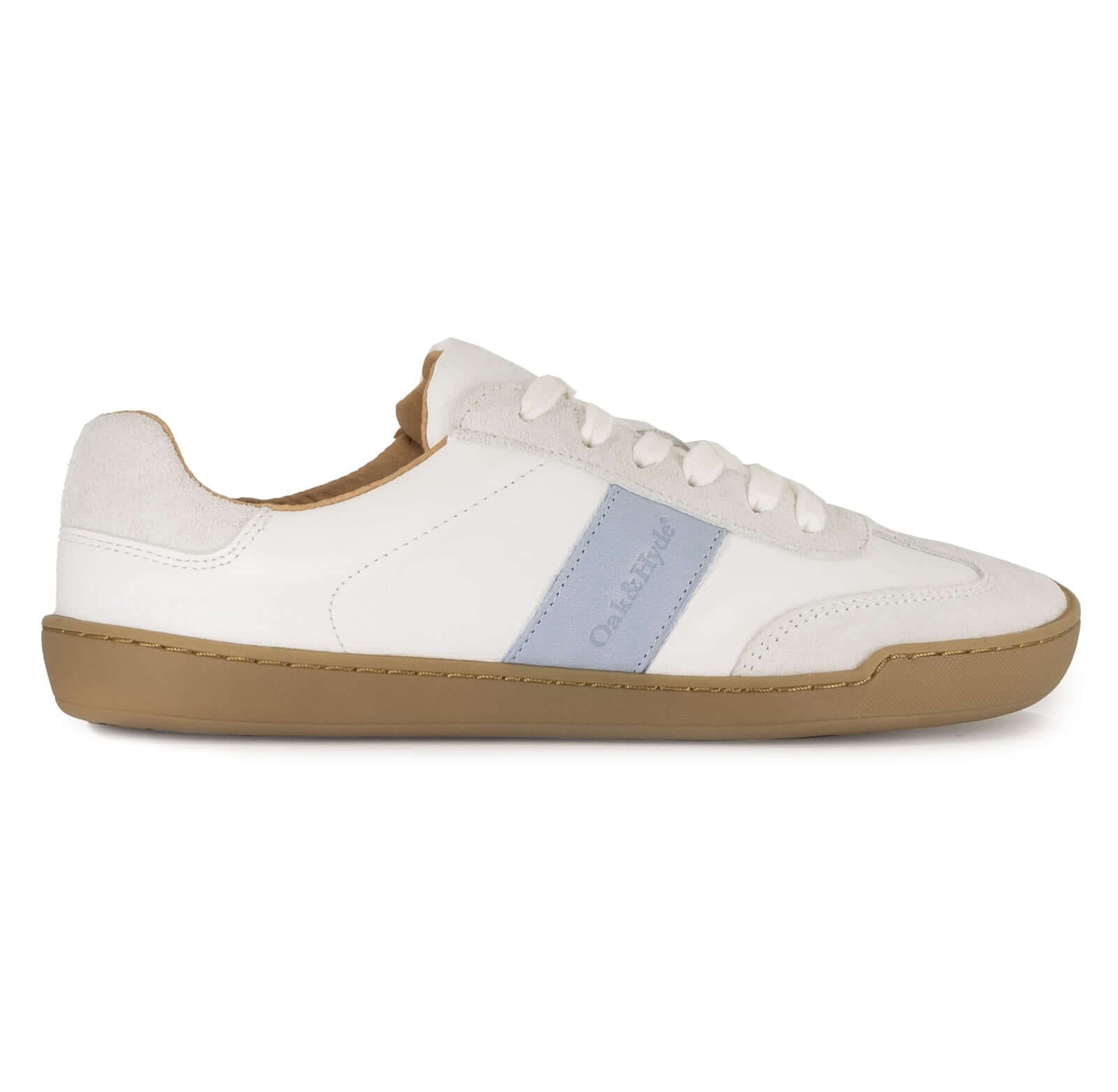 White barefoot trainer with gum sole and blue stripe on a white background