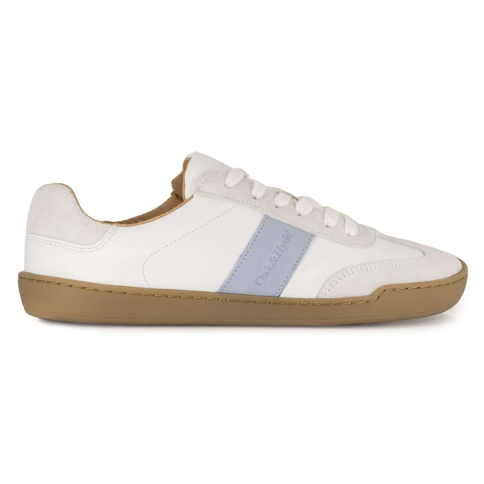 White barefoot trainer with gum sole and blue stripe on a white background