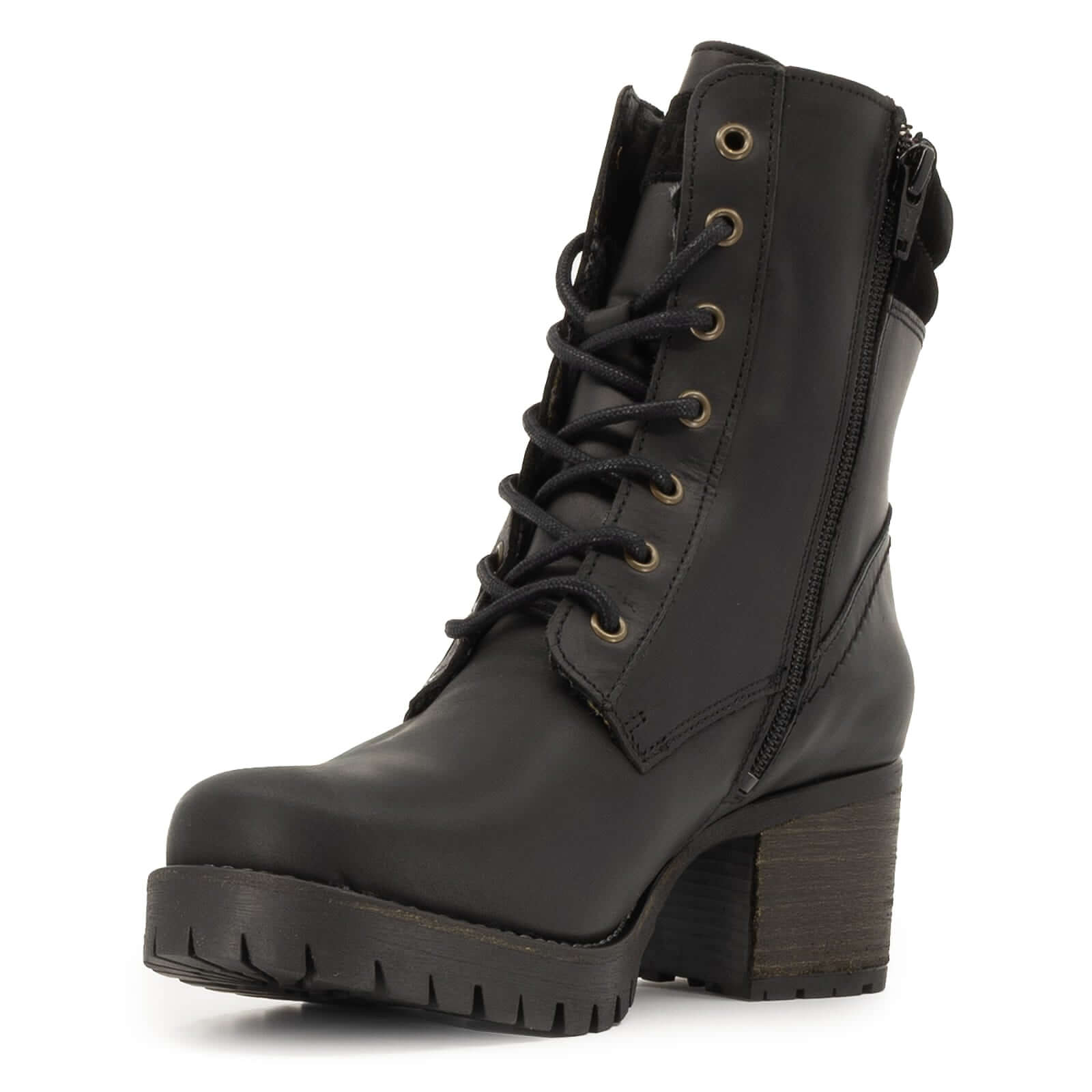 angled inside view of black kensington 2 boots showing front of toe and collar