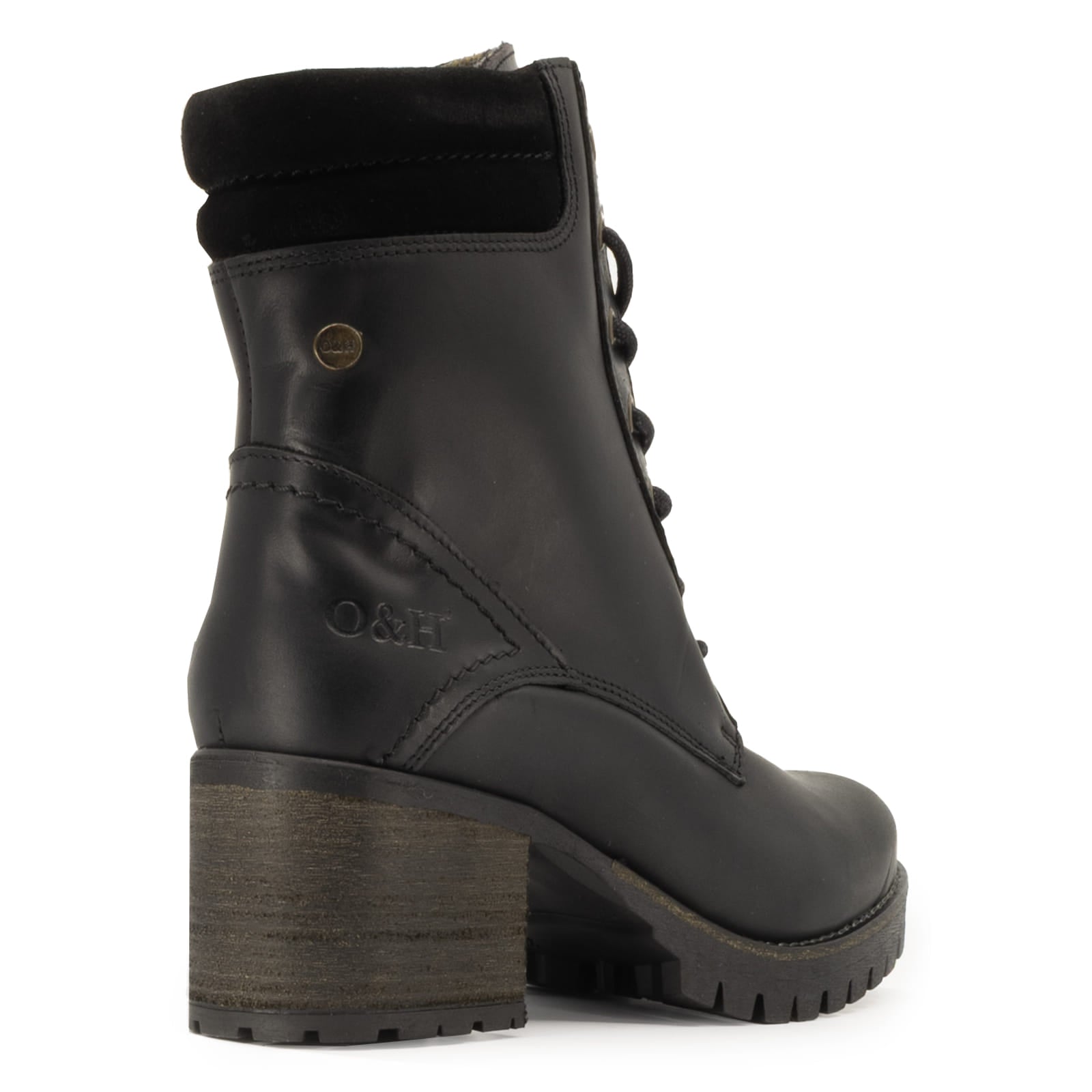 heel view of black kensington 2 ankle boots showing O&H branding and block heel detailing