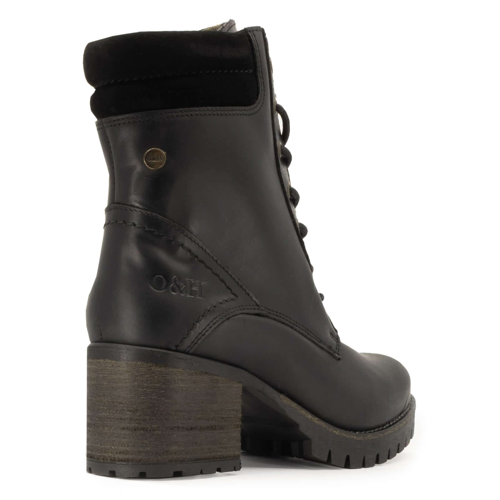 heel view of black kensington 2 ankle boots showing O&H branding and block heel detailing