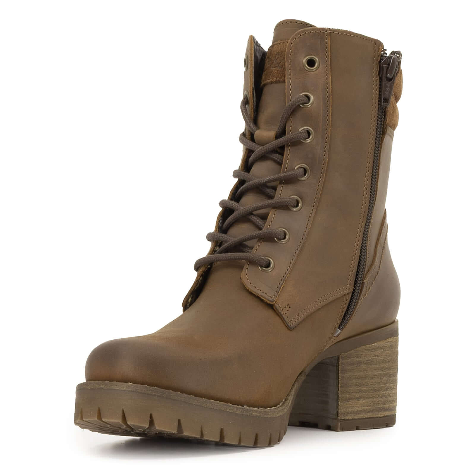 front angle view of dark brown oak & hyde kensington 2 ankle boots showing lace up fastening and chunky tread sole