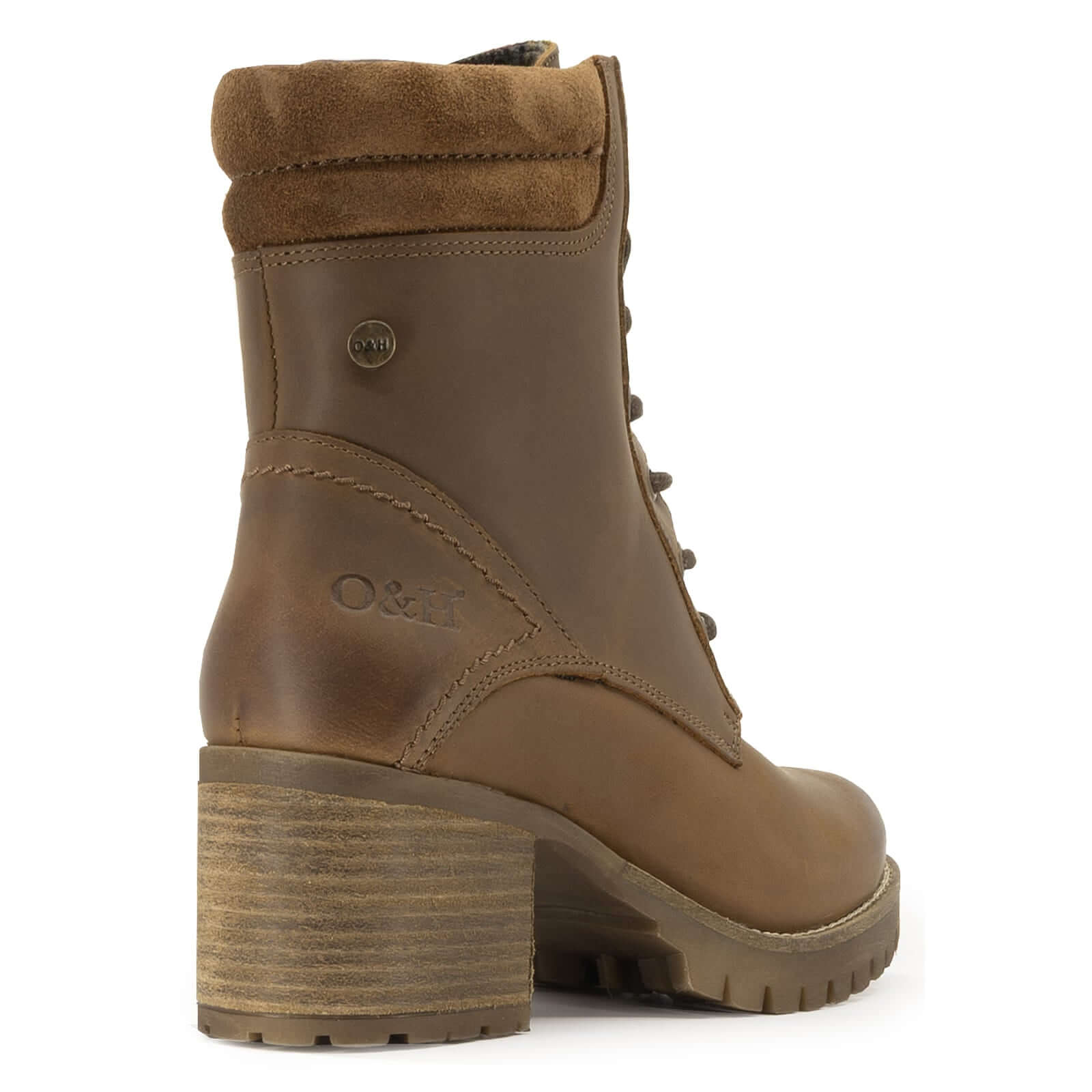 rear view of dark brown oak & hyde kensington 2 ankle boots showing padded collar and stacked block heel