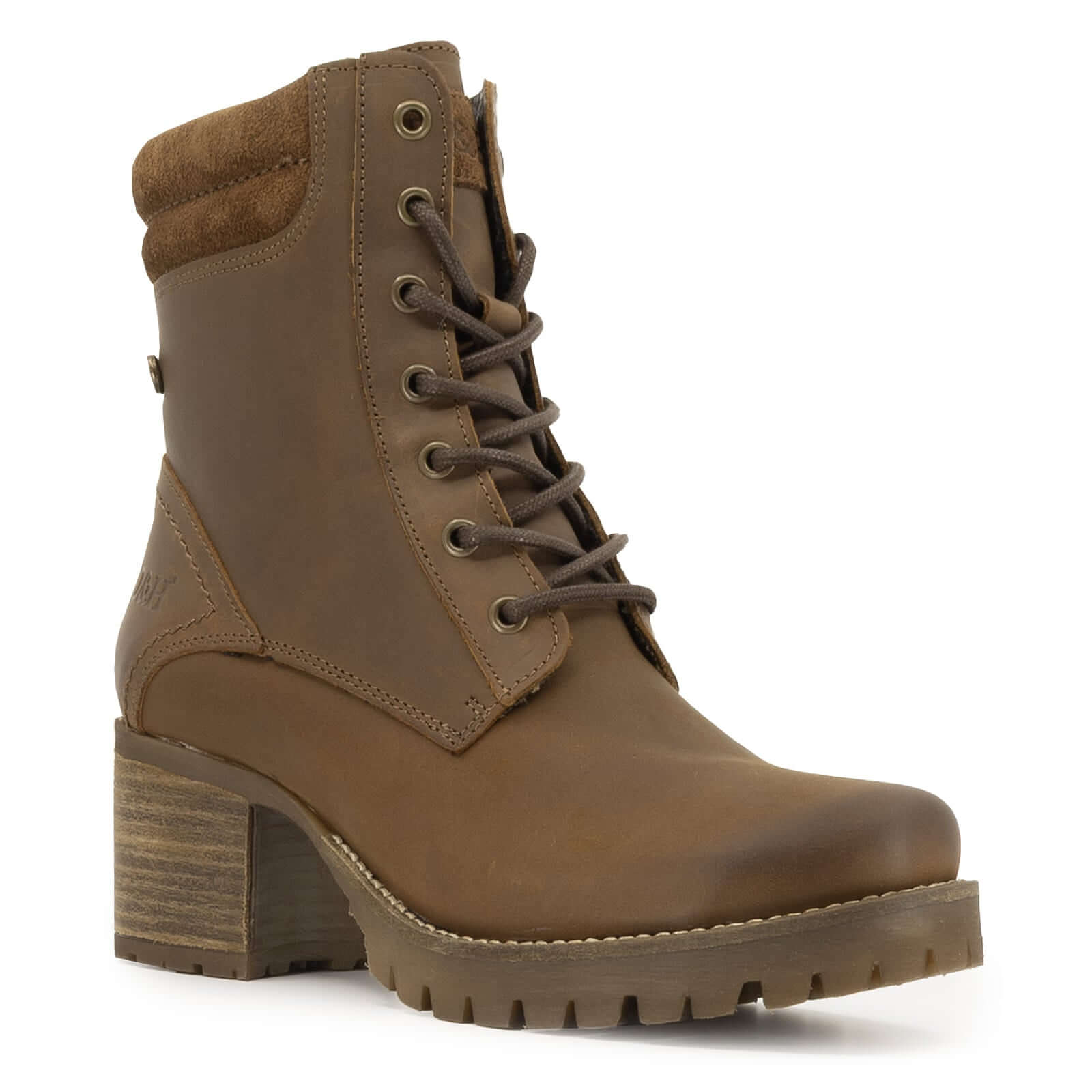 angled front view of dark brown oak & hyde kensington 2 lace up boots showing round toe and metal eyelets
