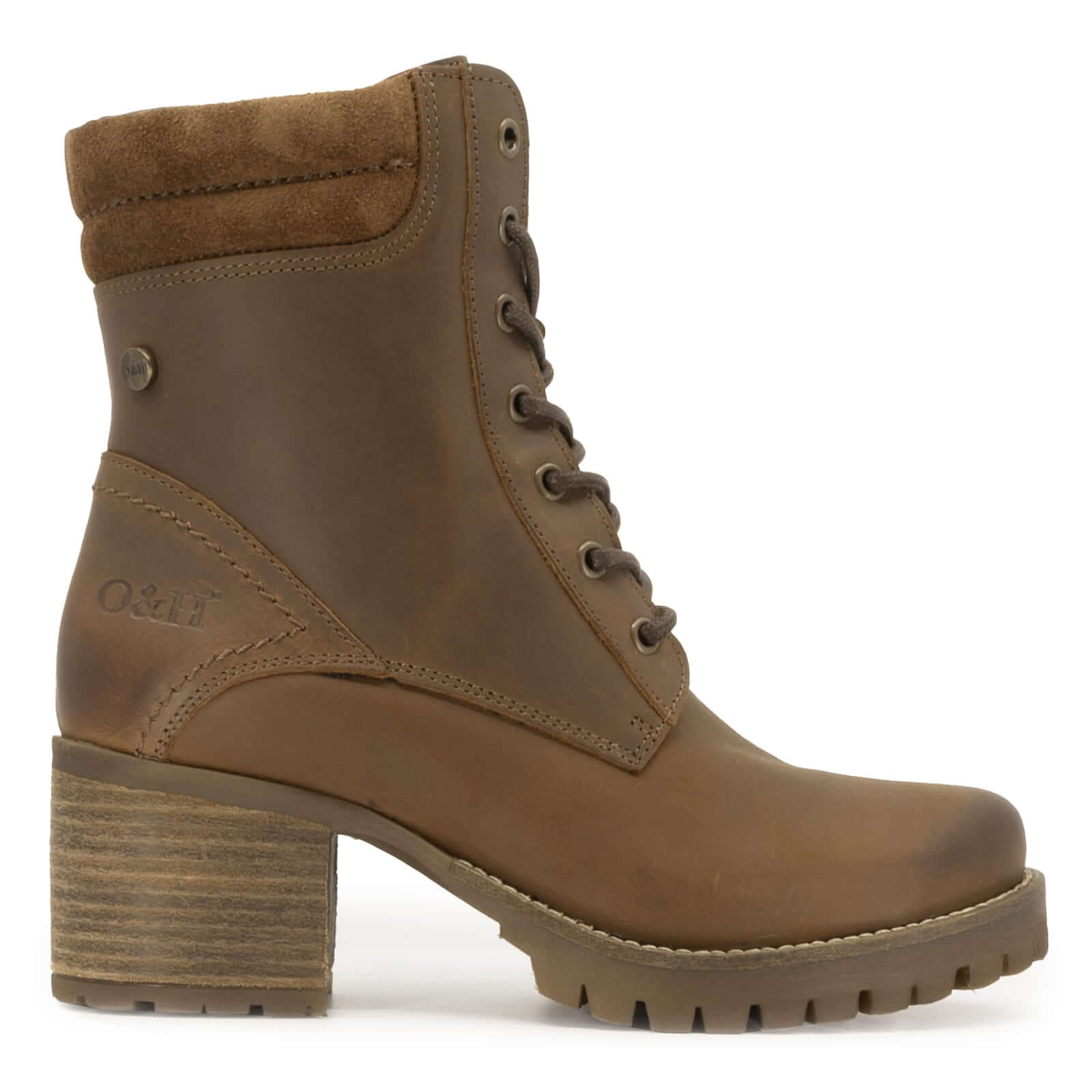side profile of dark brown oak & hyde kensington 2 lace up ankle boots with block heel and padded collar