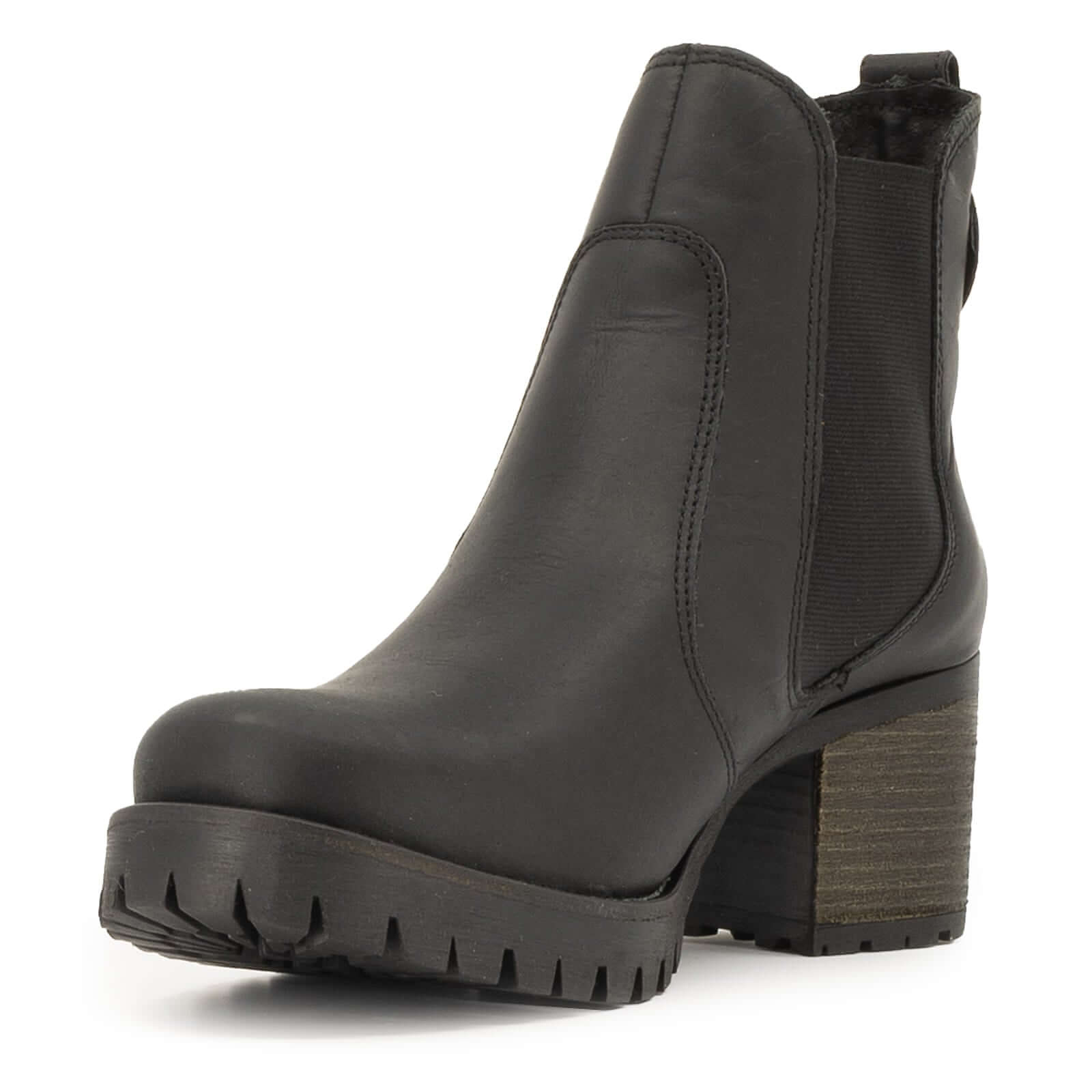side angle view of black oak & hyde kensington 2 ankle boots highlighting lace up fastening and chunky sole