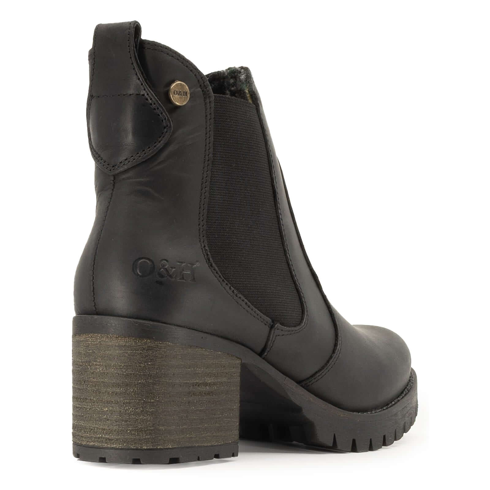 rear view of black oak & hyde kensington 2 ankle boots showing heel structure and oak & hyde branding