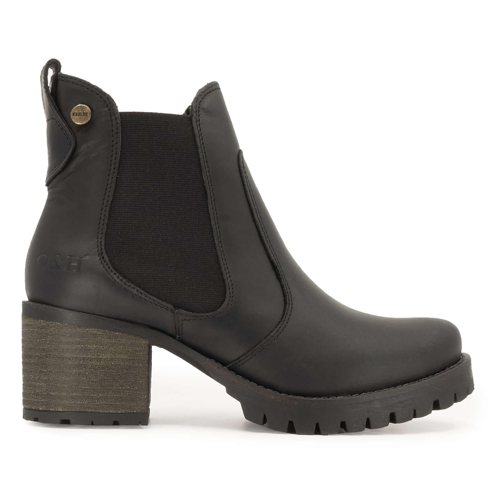 side profile of black oak & hyde kensington 2 lace up ankle boots with block heel and padded collar